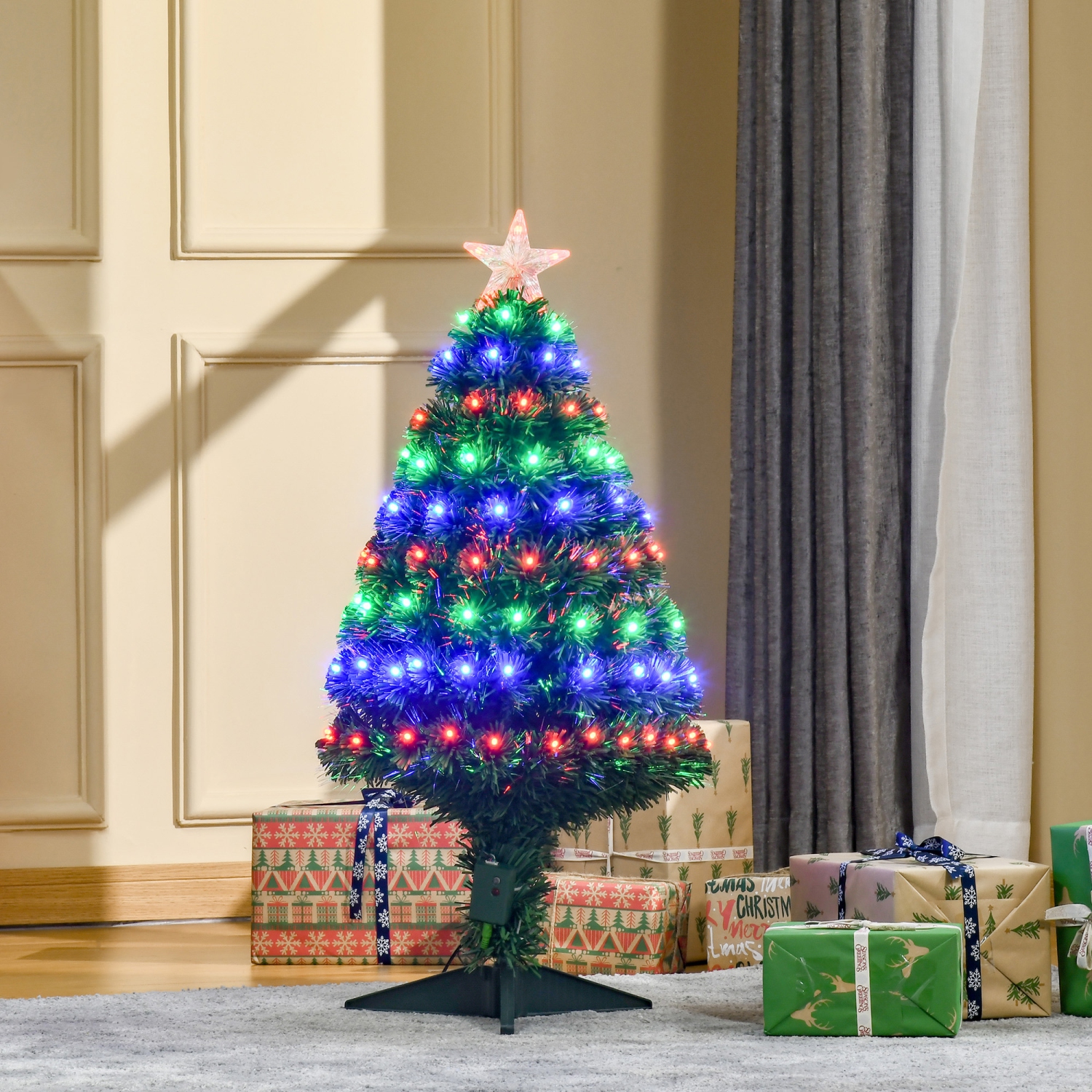 HOMCOM – Arbre de Noël artificiel illuminé 3FT avec lumières DEL et fibres optiques, décoration de Noël, vert
