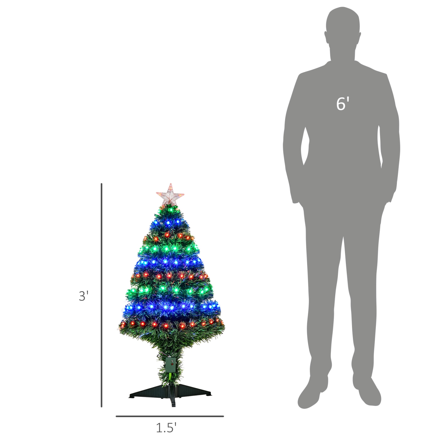 HOMCOM – Arbre de Noël artificiel illuminé 3FT avec lumières DEL et fibres optiques, décoration de Noël, vert