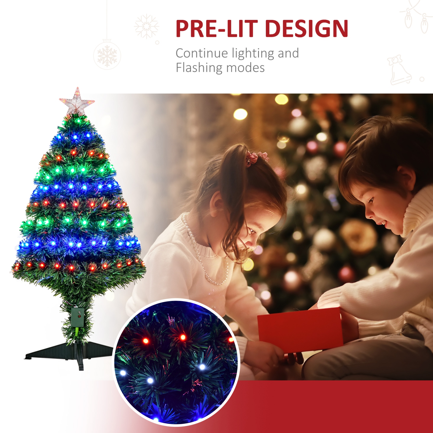HOMCOM – Arbre de Noël artificiel illuminé 3FT avec lumières DEL et fibres optiques, décoration de Noël, vert