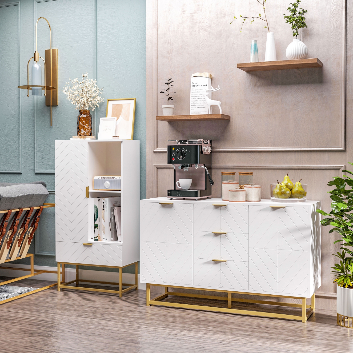 HOMCOM 47" Sideboard Buffet Cabinet with Storage, Contemporary Coffee Bar with Adjustable Shelves and Metal Legs, Kitchen Storage Cabinet with