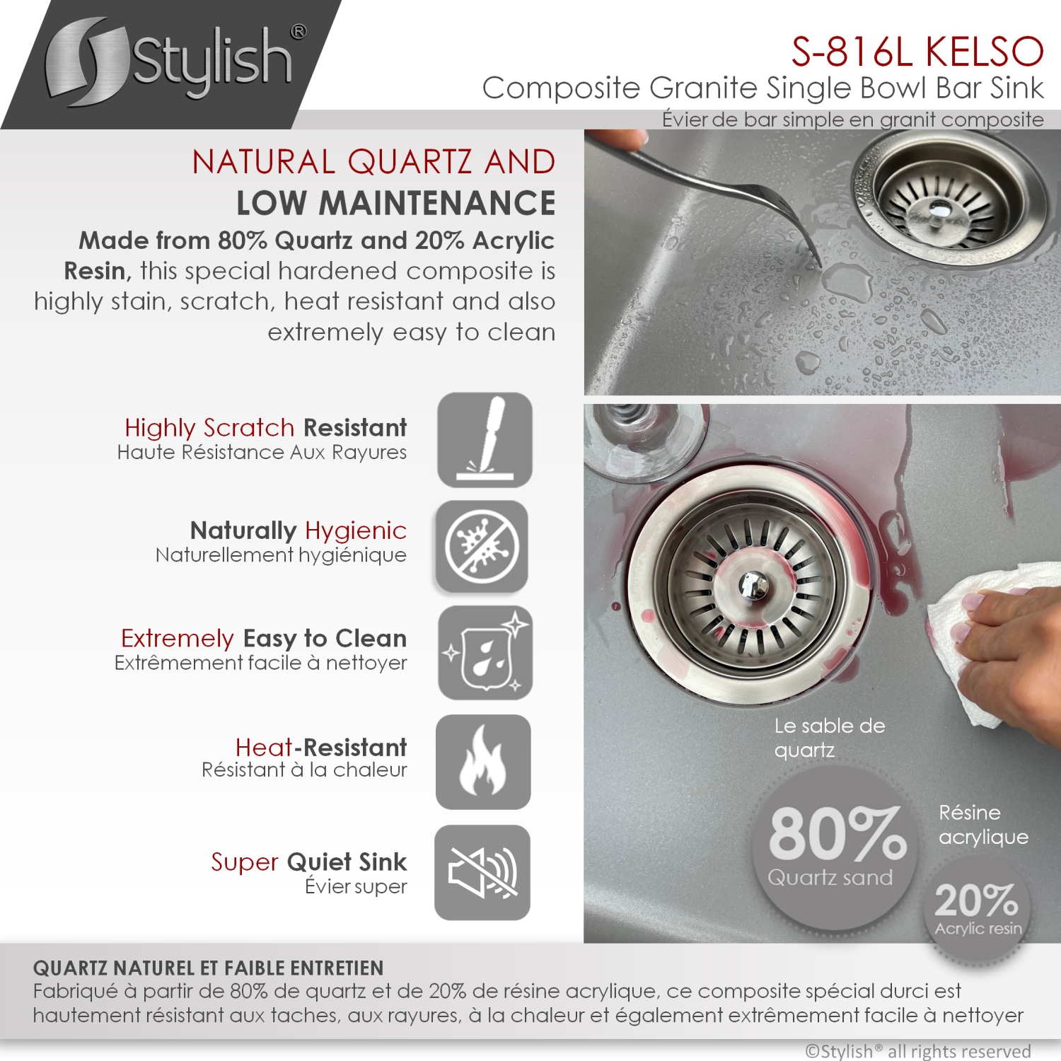 STYLISH 16 inch Dual Mount Single Bowl Gray Composite Granite Kitchen Sink with Strainer S-816L