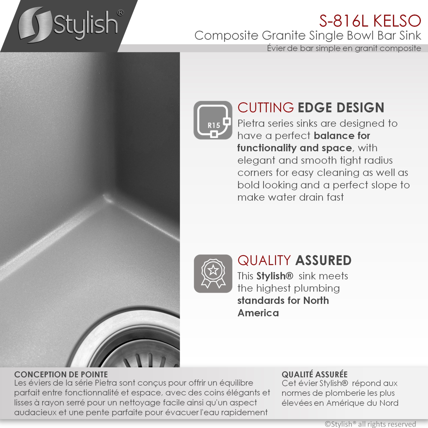 STYLISH 16 inch Dual Mount Single Bowl Gray Composite Granite Kitchen Sink with Strainer S-816L