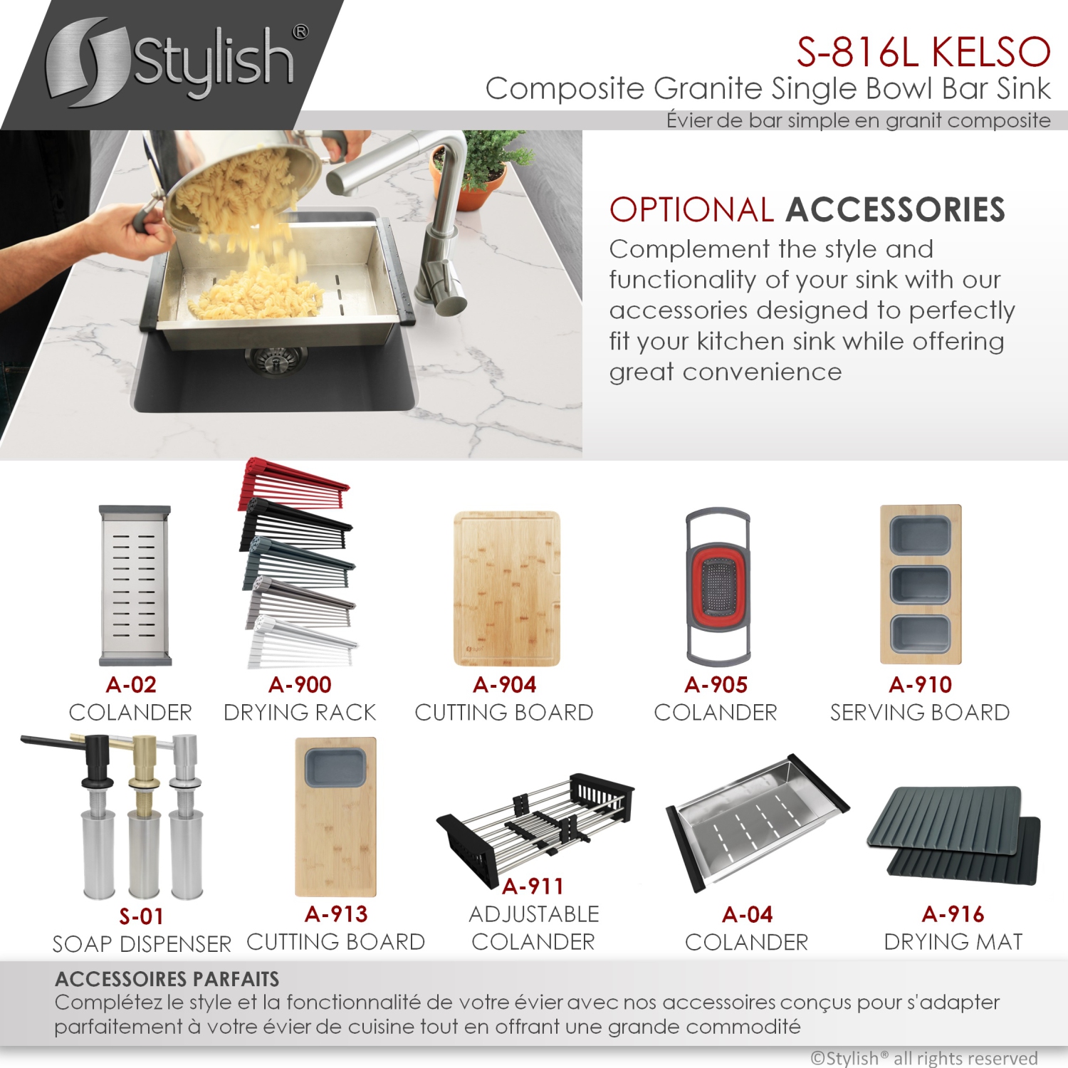 STYLISH 16 inch Dual Mount Single Bowl Gray Composite Granite Kitchen Sink with Strainer S-816L