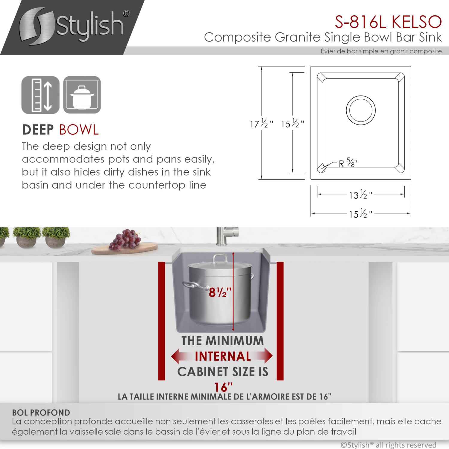 STYLISH 16 inch Dual Mount Single Bowl Gray Composite Granite Kitchen Sink with Strainer S-816L