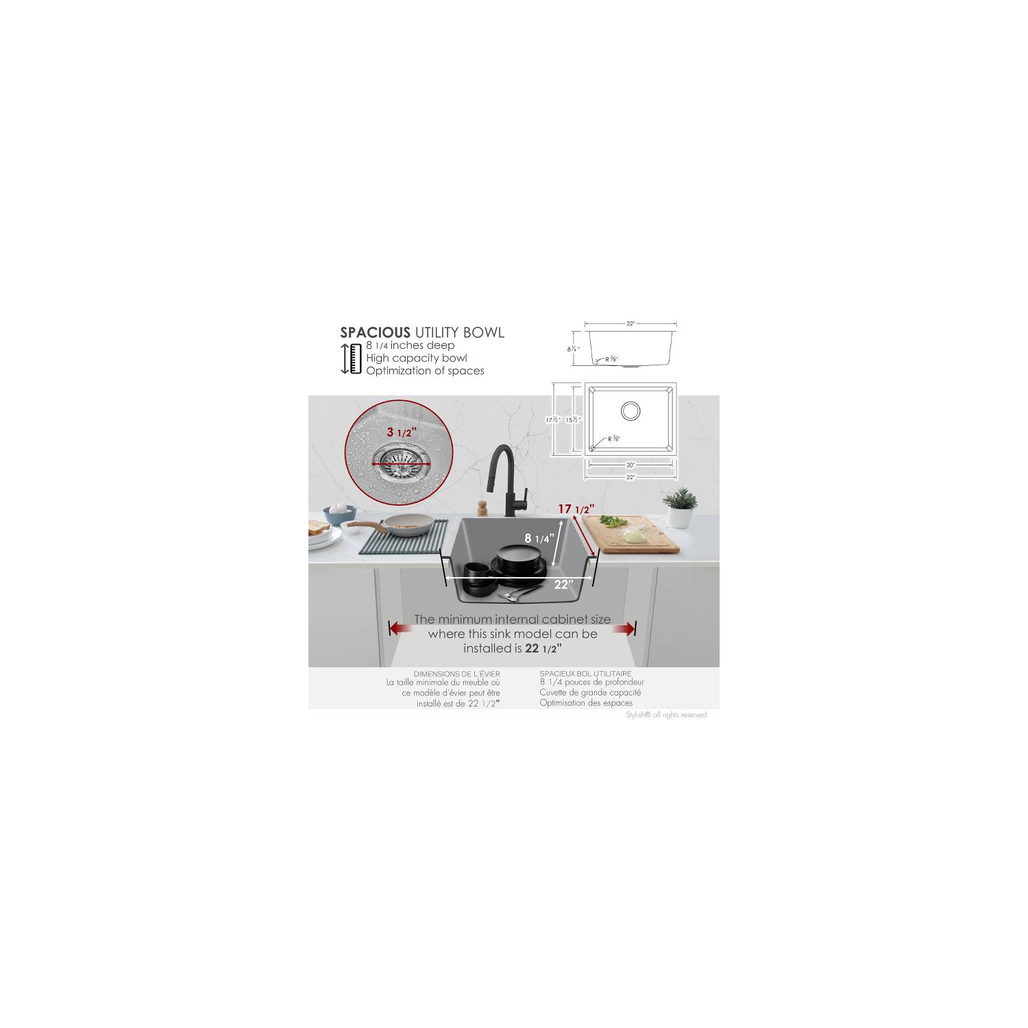STYLISH 22 inch Dual Mount Single Bowl Gray Composite Granite Kitchen Sink with Strainer S-822L