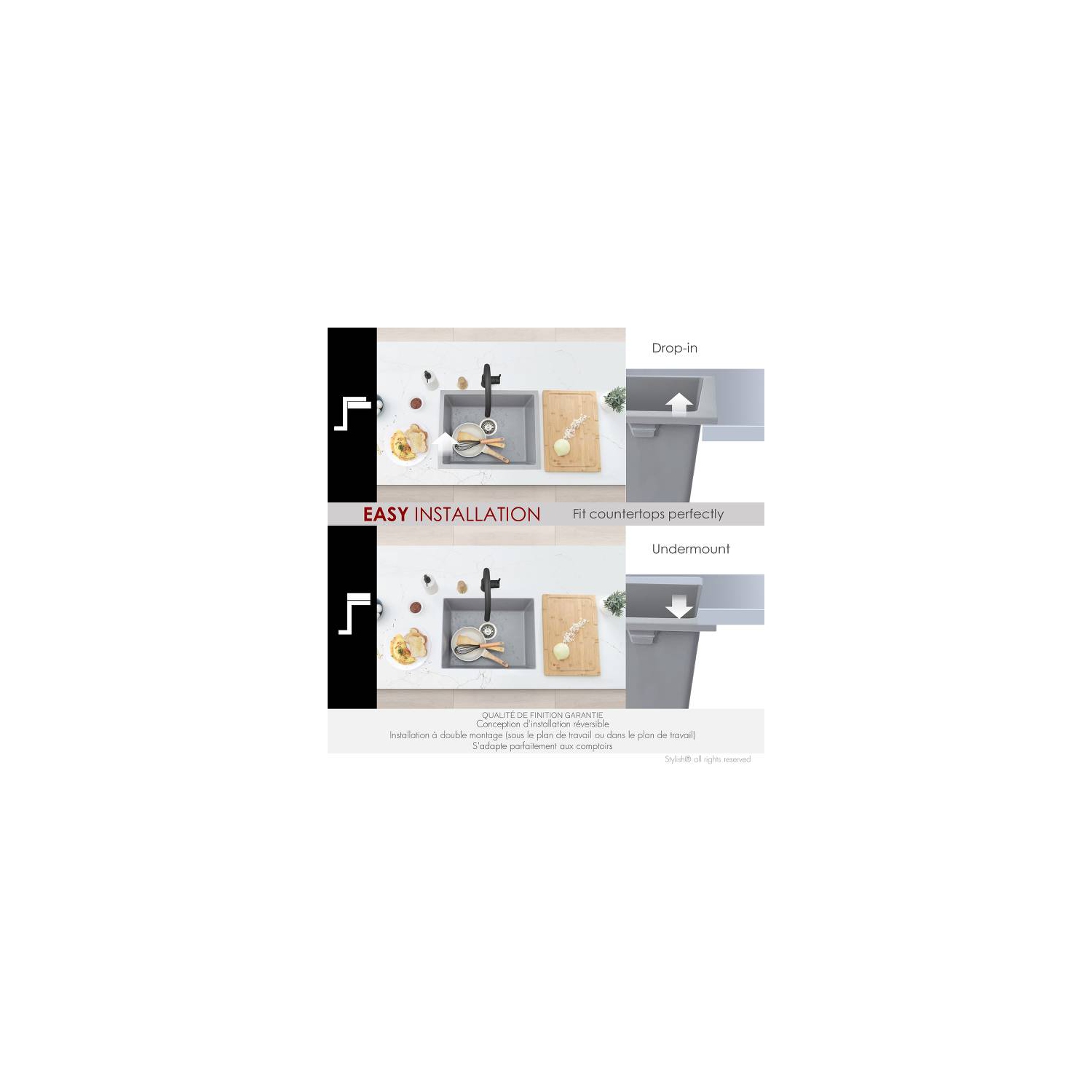 STYLISH 22 inch Dual Mount Single Bowl Gray Composite Granite Kitchen Sink with Strainer S-822L