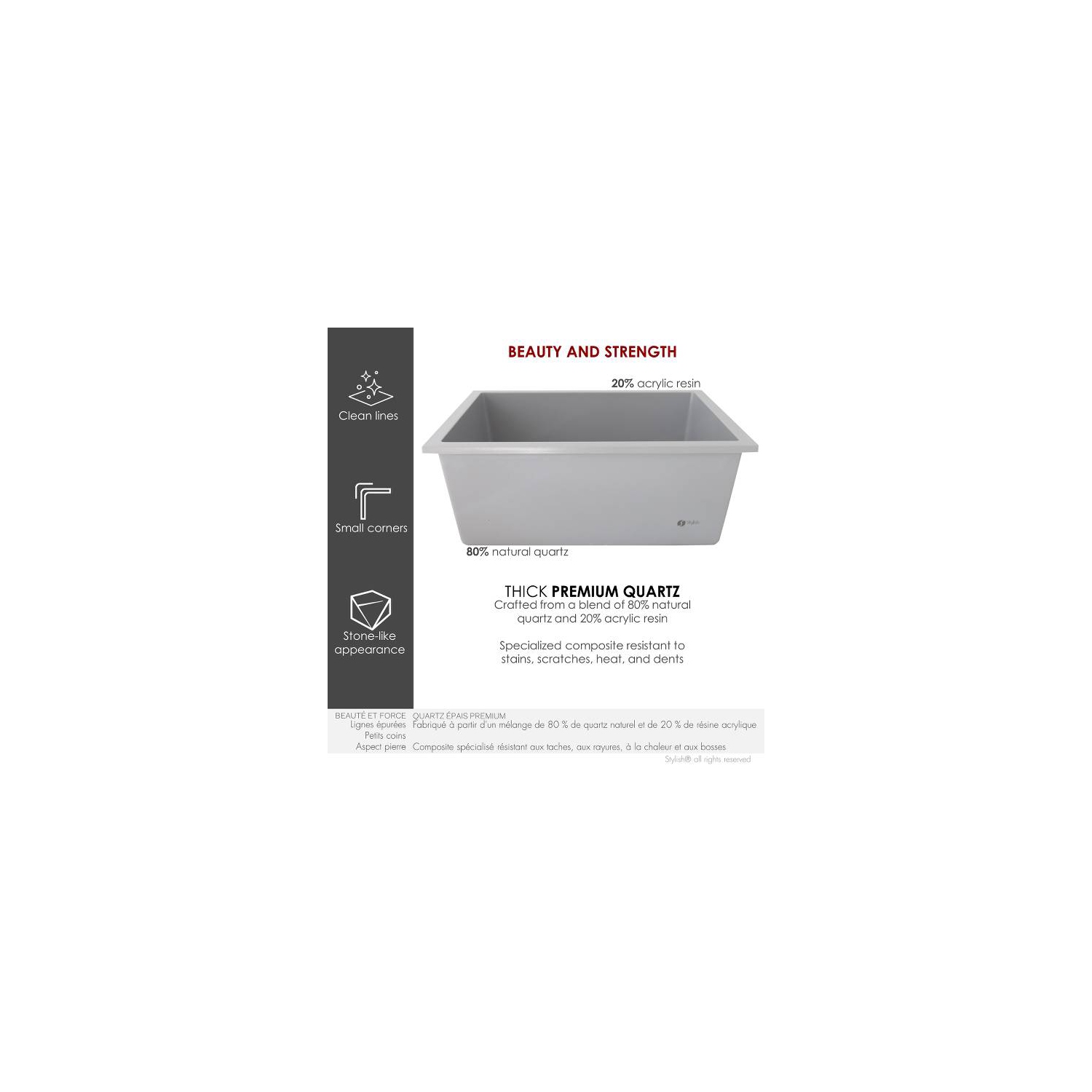 STYLISH 22 inch Dual Mount Single Bowl Gray Composite Granite Kitchen Sink with Strainer S-822L