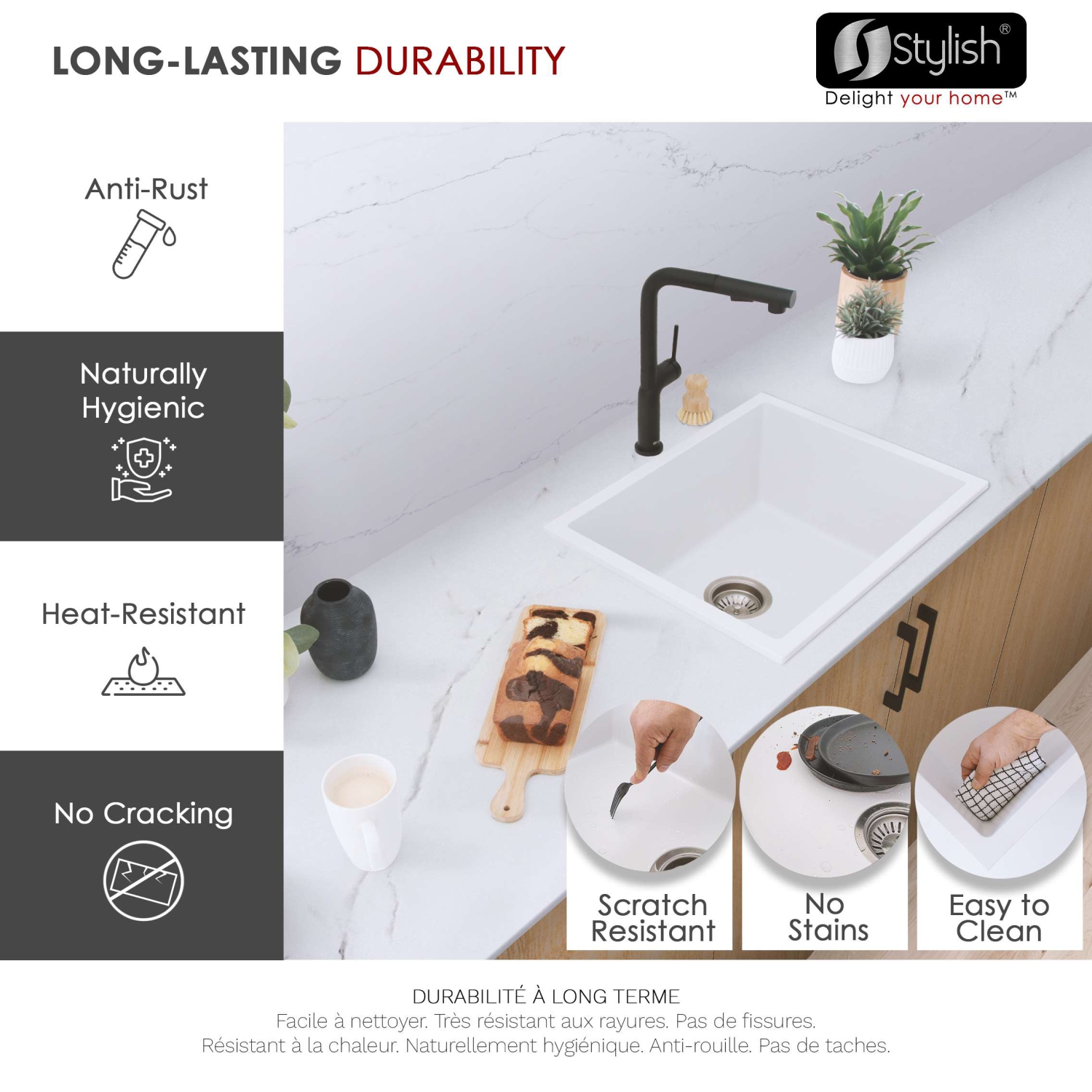 STYLISH 22 inch Dual Mount Single Bowl White Composite Granite Kitchen Sink with Strainer S-822H