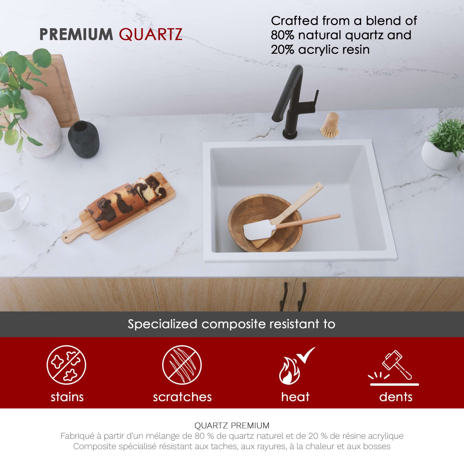 STYLISH 22 inch Dual Mount Single Bowl White Composite Granite Kitchen Sink with Strainer S-822H