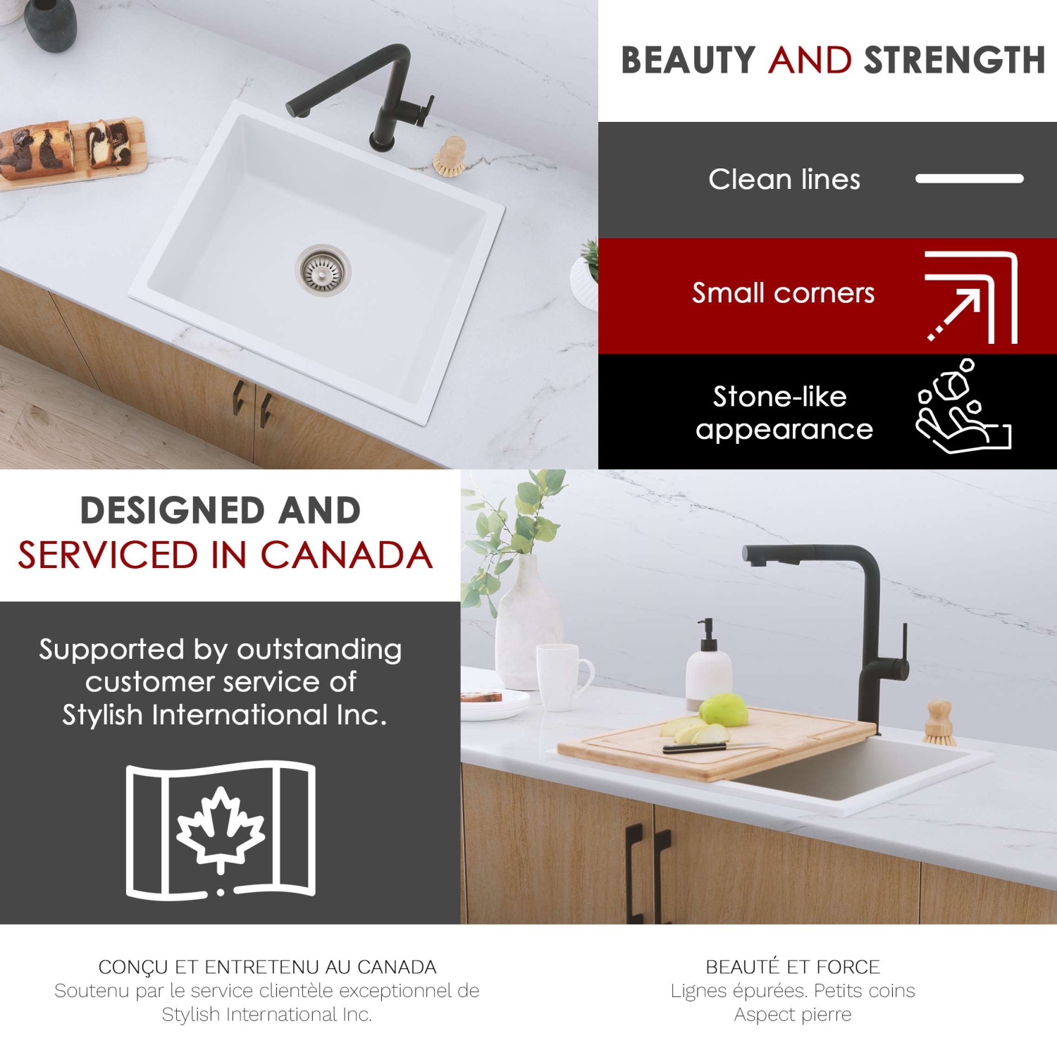 STYLISH 22 inch Dual Mount Single Bowl White Composite Granite Kitchen Sink with Strainer S-822H