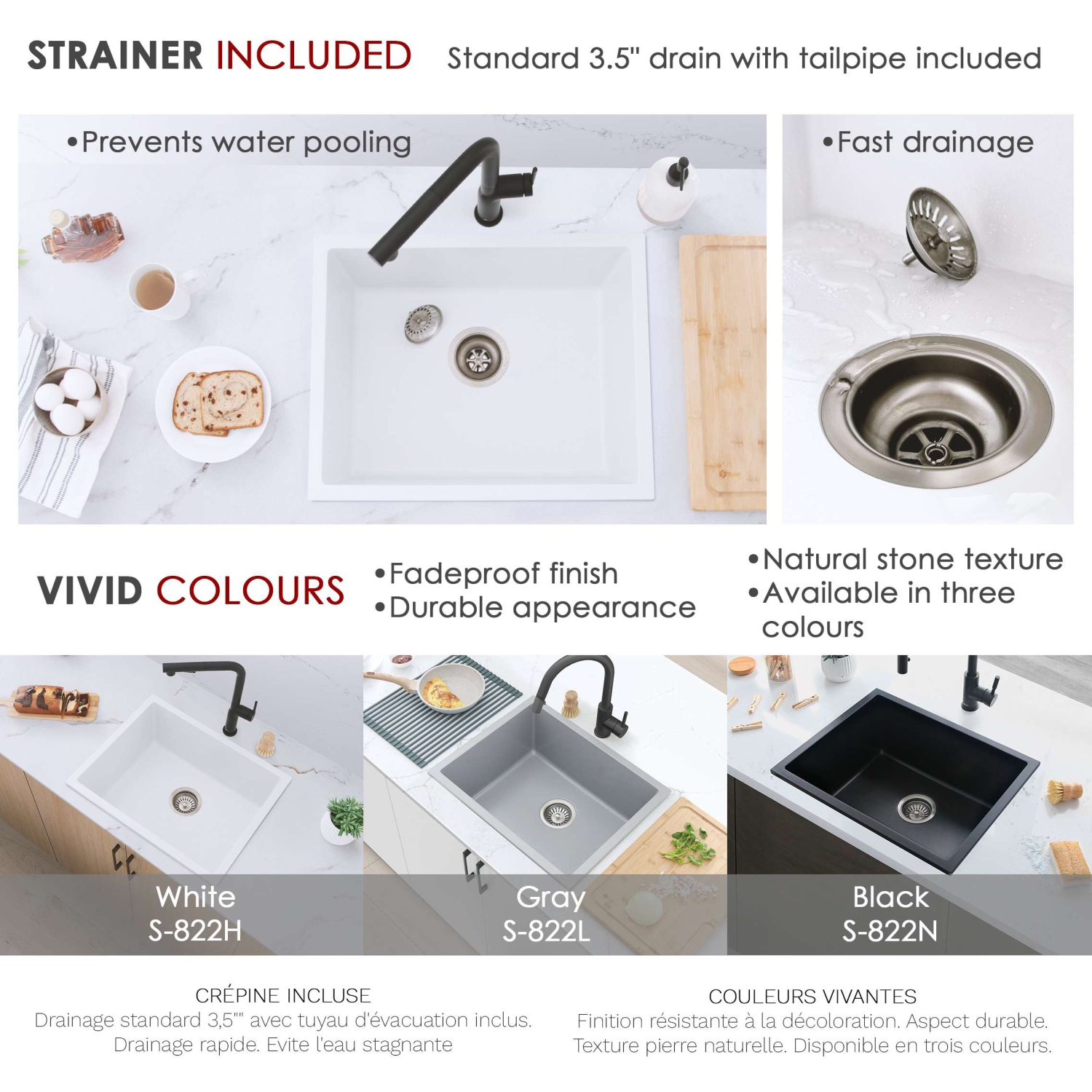 STYLISH 22 inch Dual Mount Single Bowl White Composite Granite Kitchen Sink with Strainer S-822H