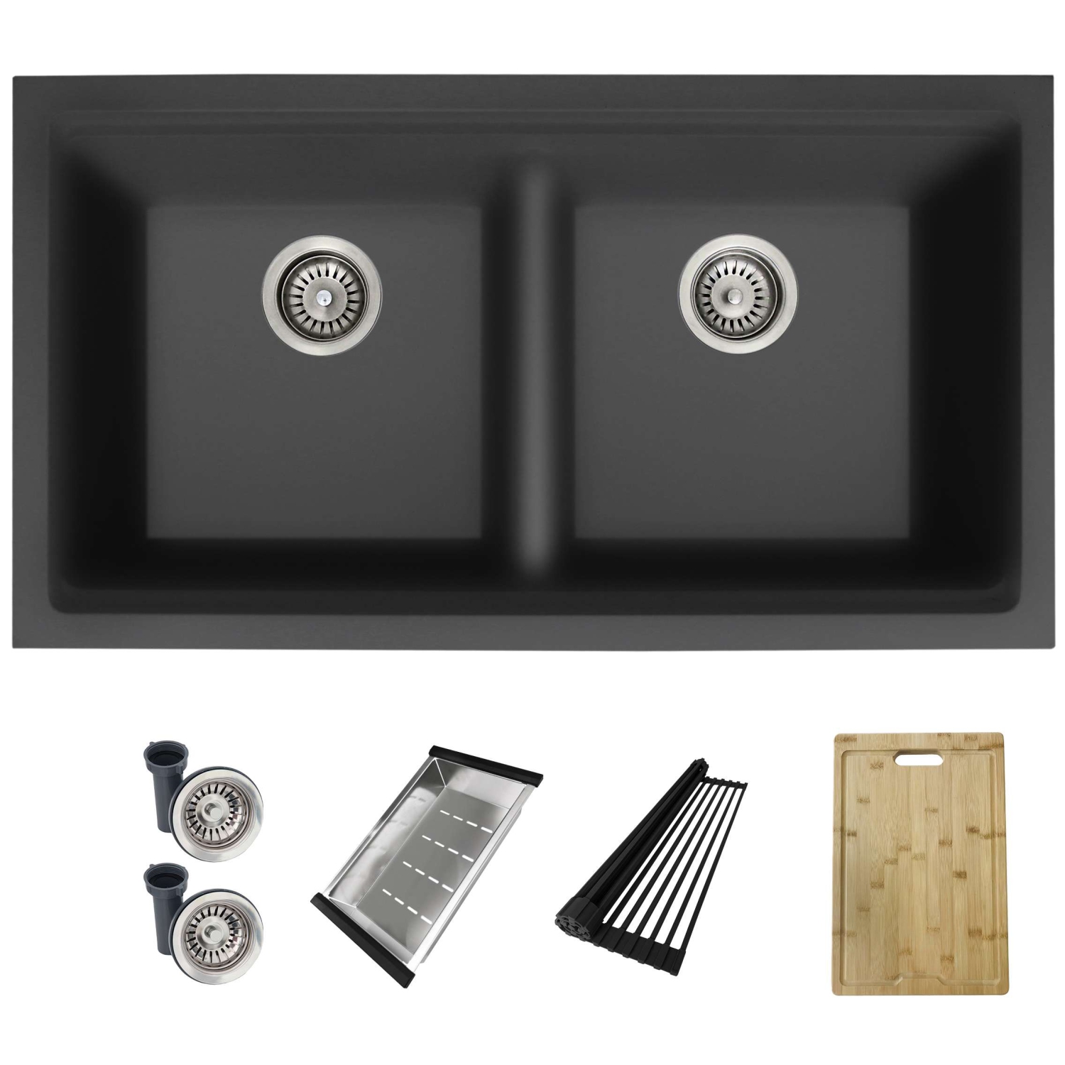 STYLISH Banff Dual Mount 33" Workstation Double-Bowl Black Composite Granite Kitchen Sink with Built in Accessories S-833WN