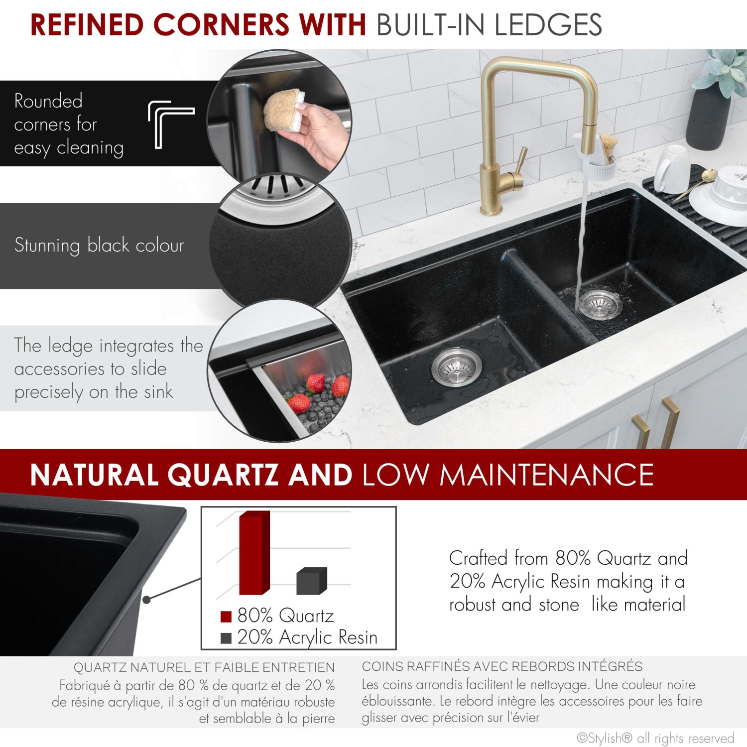 STYLISH Banff Dual Mount 33" Workstation Double-Bowl Black Composite Granite Kitchen Sink with Built in Accessories S-833WN