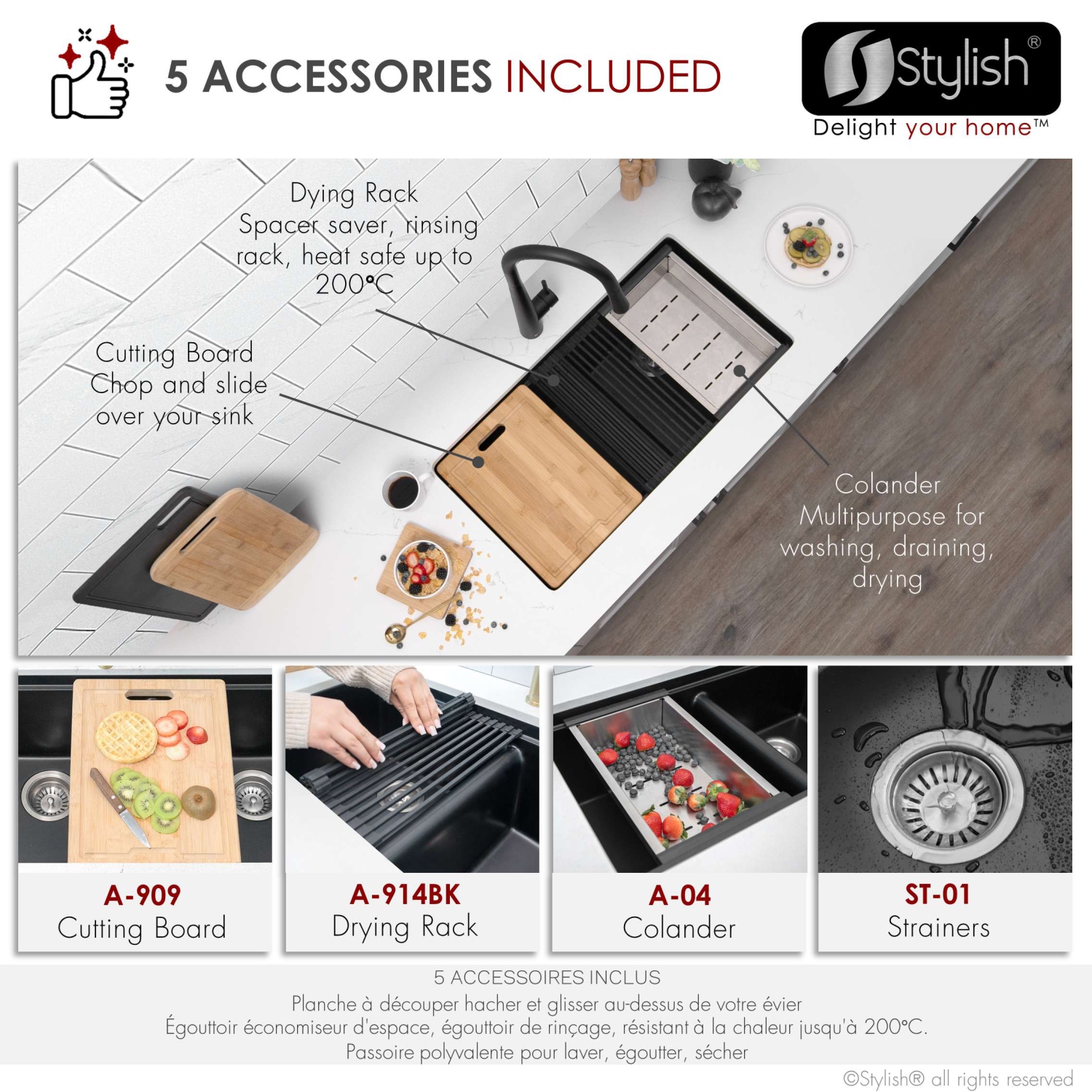 STYLISH Banff Dual Mount 33" Workstation Double-Bowl Black Composite Granite Kitchen Sink with Built in Accessories S-833WN