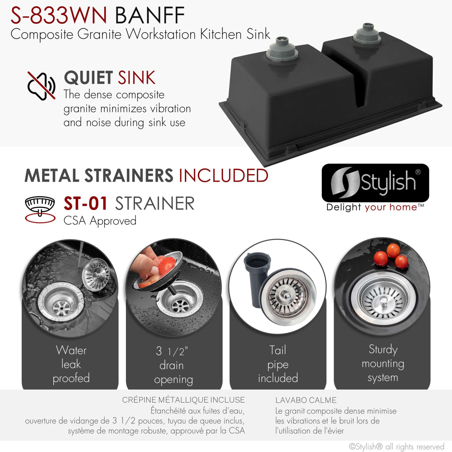 STYLISH Banff Dual Mount 33" Workstation Double-Bowl Black Composite Granite Kitchen Sink with Built in Accessories S-833WN