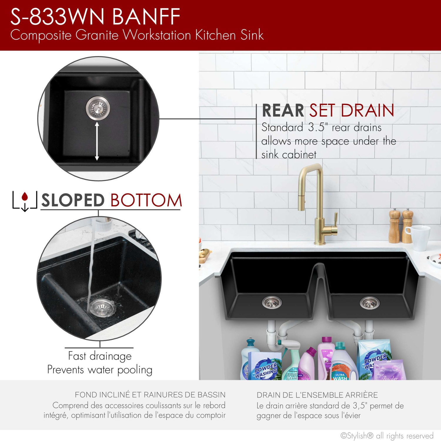 STYLISH Banff Dual Mount 33" Workstation Double-Bowl Black Composite Granite Kitchen Sink with Built in Accessories S-833WN