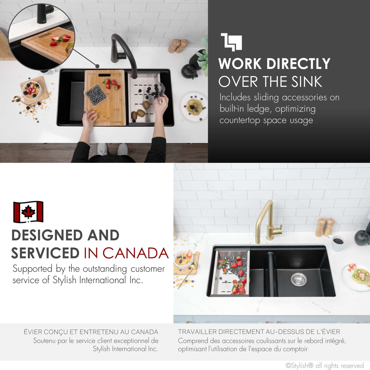 STYLISH Banff Dual Mount 33" Workstation Double-Bowl Black Composite Granite Kitchen Sink with Built in Accessories S-833WN