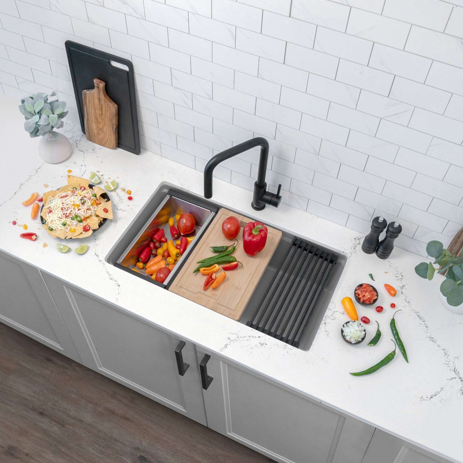 STYLISH Dualmount 32" Workstation Single-Bowl Gray Composite Granite Kitchen Sink with Built in Accessories S-832WL