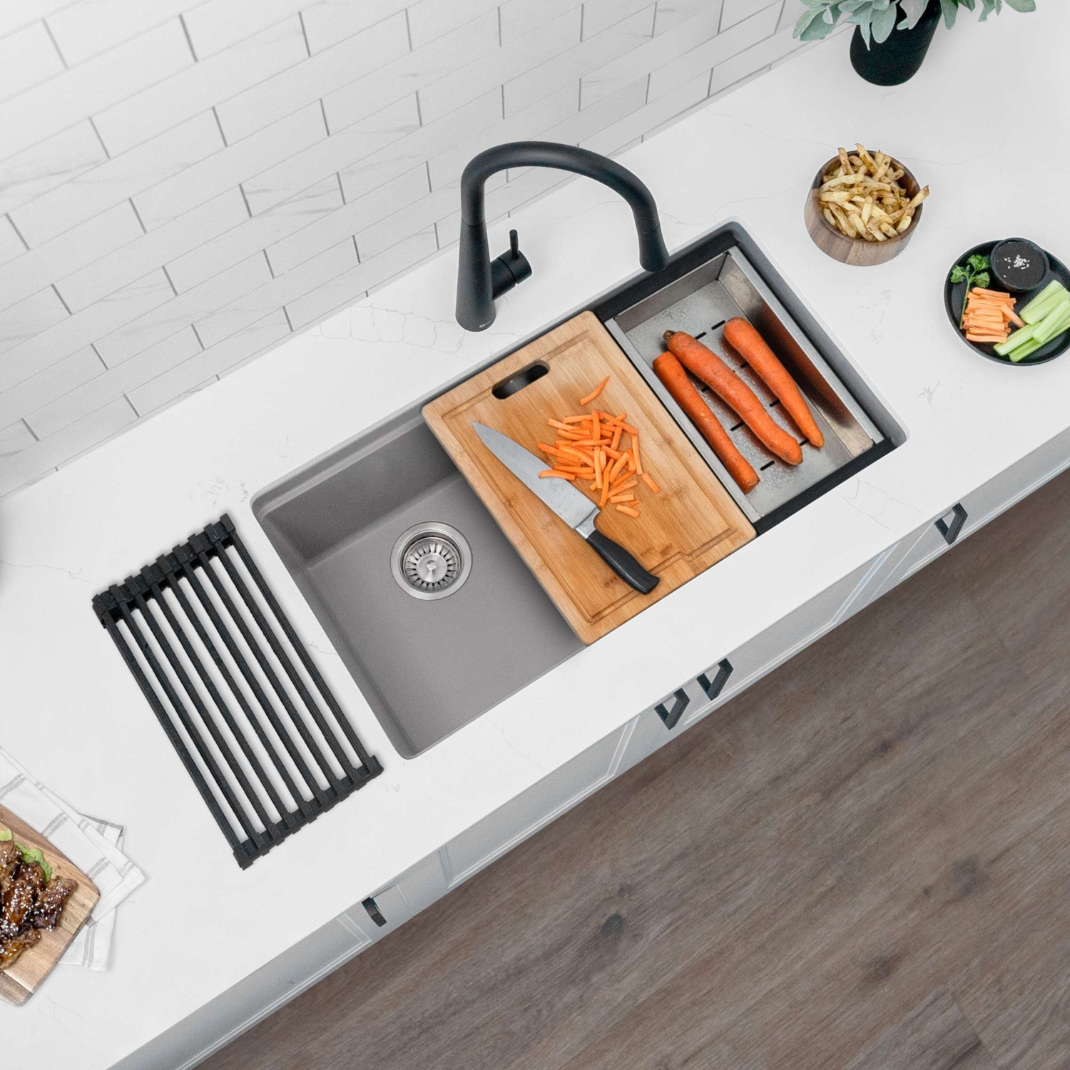 STYLISH Banff Dual Mount 33" Workstation Double-Bowl Gray Composite Granite Kitchen Sink with Built in Accessories S-833WL