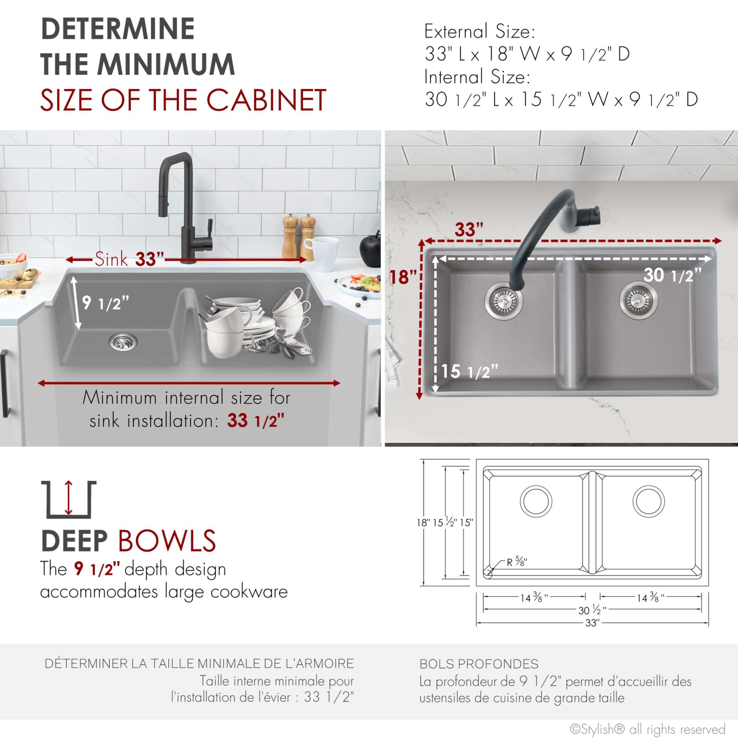 STYLISH Banff Dual Mount 33" Workstation Double-Bowl Gray Composite Granite Kitchen Sink with Built in Accessories S-833WL