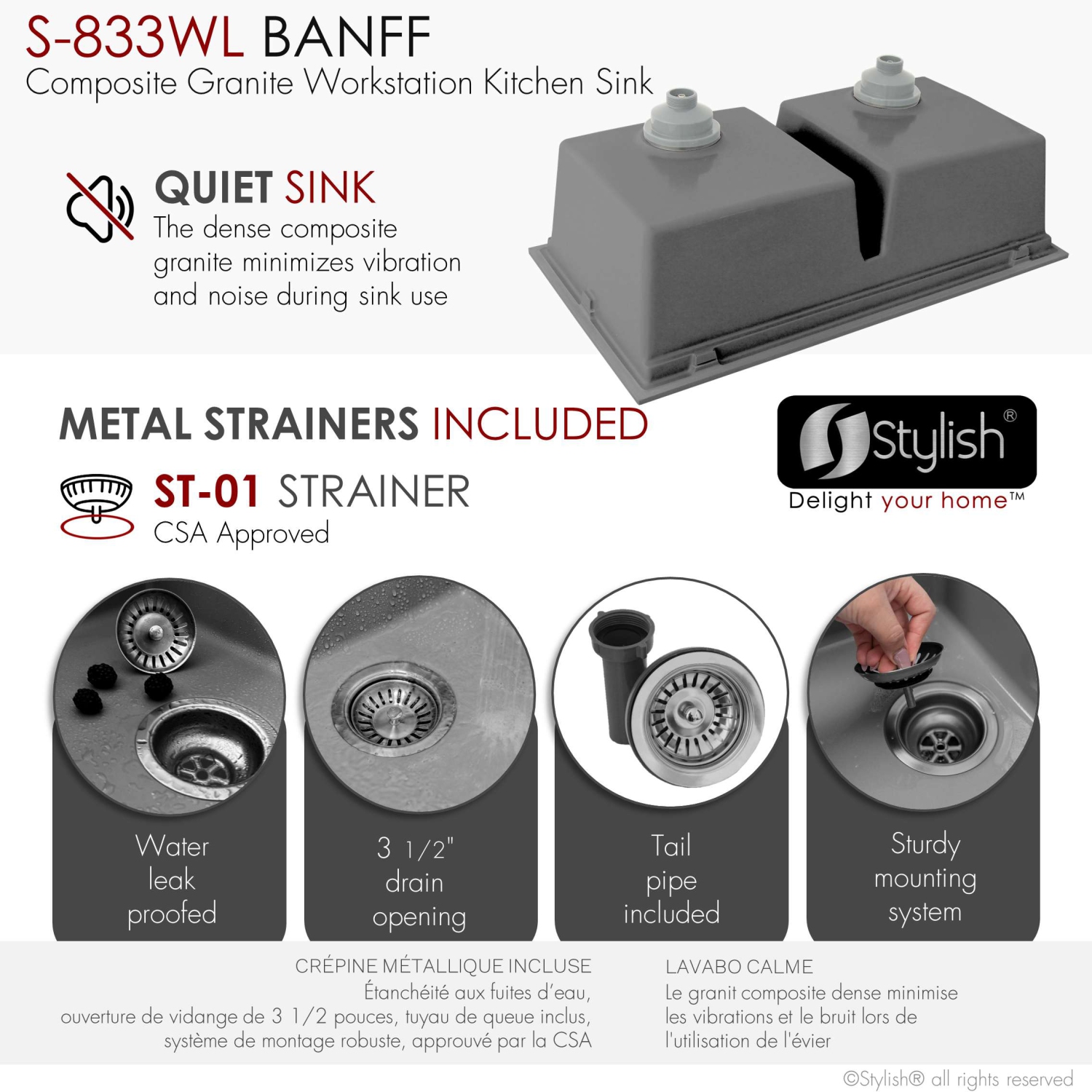 STYLISH Banff Dual Mount 33" Workstation Double-Bowl Gray Composite Granite Kitchen Sink with Built in Accessories S-833WL