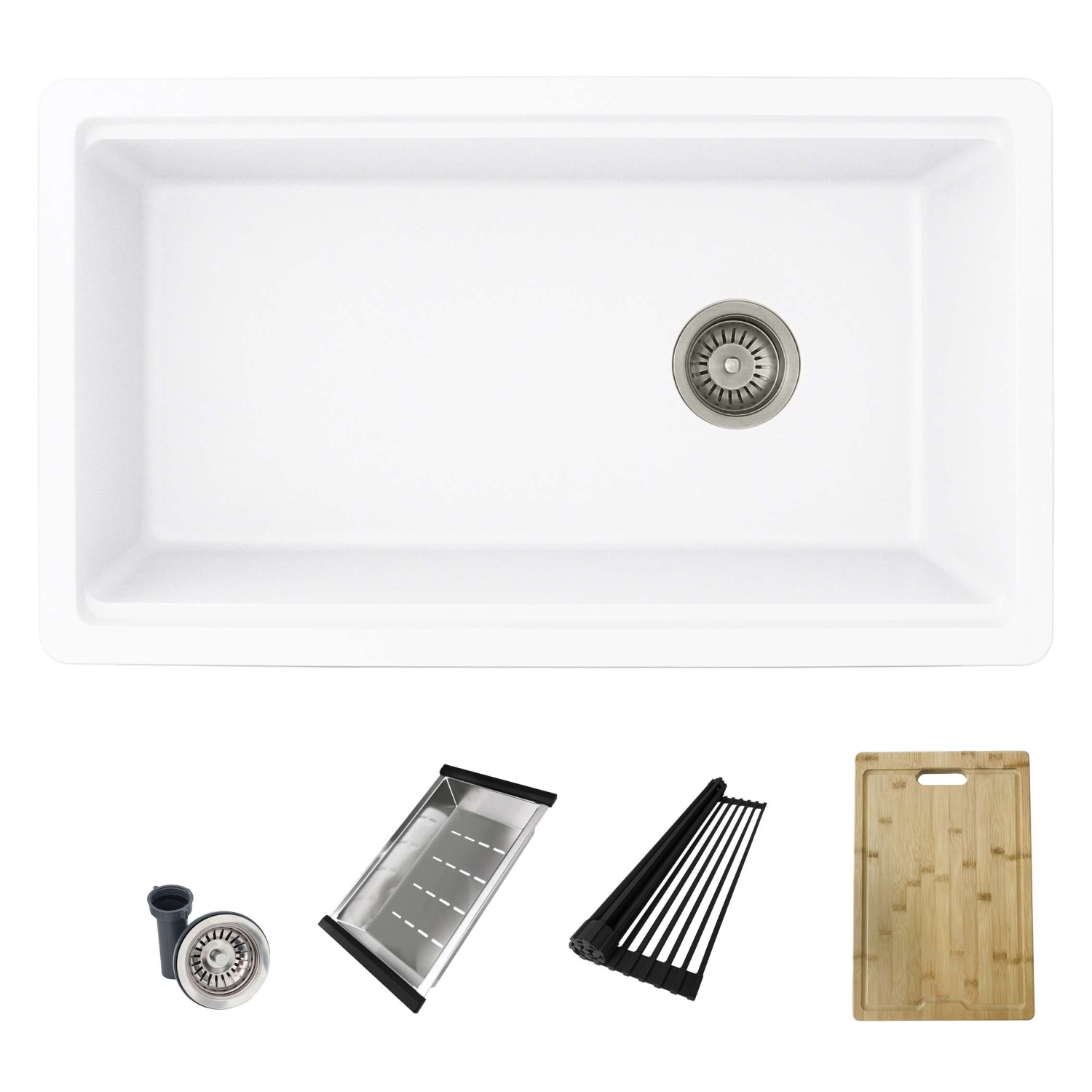 ÉLÉGANT évier de cuisine en granite composite blanc à un bol Dualmount de 32 po avec accessoires intégrés S-832WH