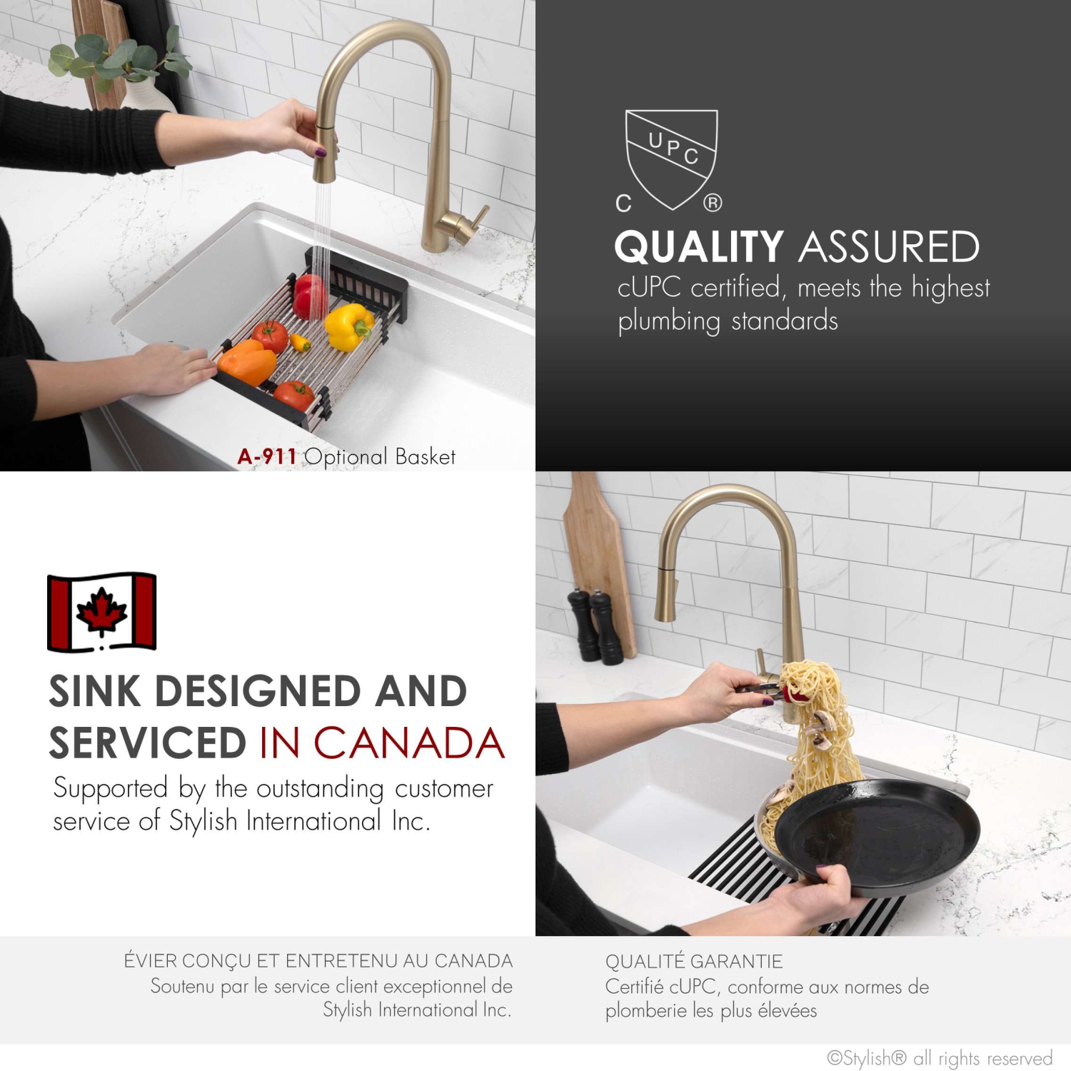 ÉLÉGANT évier de cuisine en granite composite blanc à un bol Dualmount de 32 po avec accessoires intégrés S-832WH