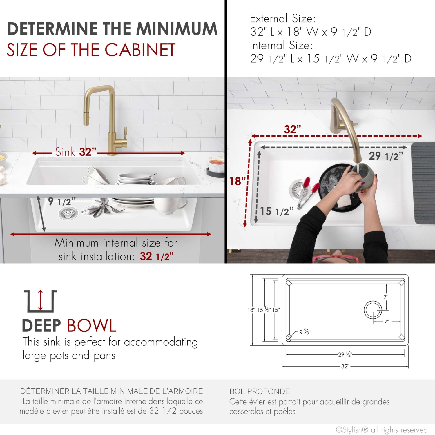 ÉLÉGANT évier de cuisine en granite composite blanc à un bol Dualmount de 32 po avec accessoires intégrés S-832WH