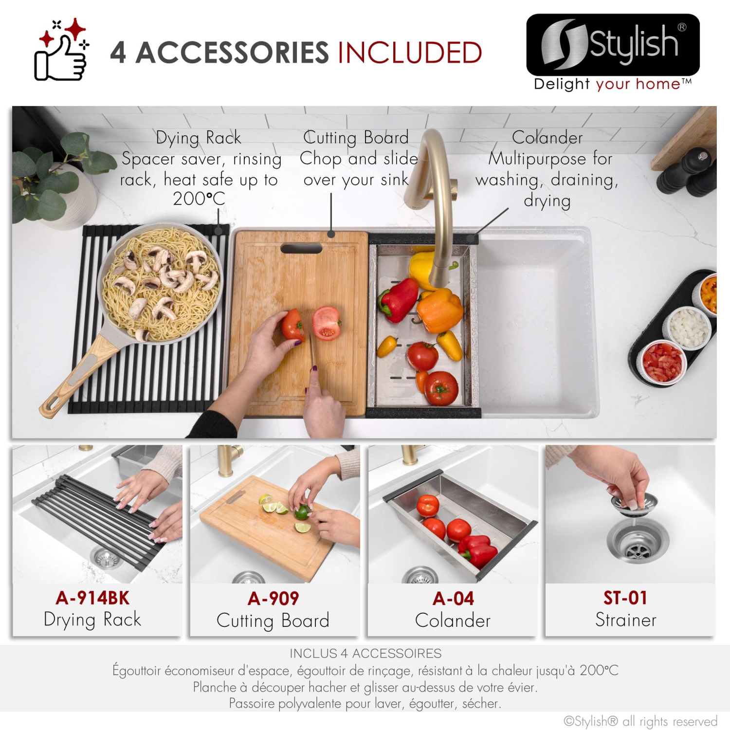 ÉLÉGANT évier de cuisine en granite composite blanc à un bol Dualmount de 32 po avec accessoires intégrés S-832WH