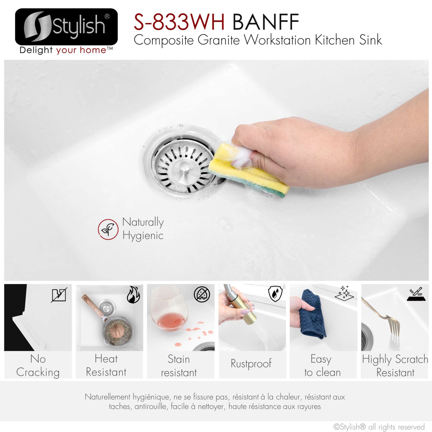 STYLISH Banff Dual Mount 33" Workstation Double-Bowl White Composite Granite Kitchen Sink with Built in Accessories S-833WH