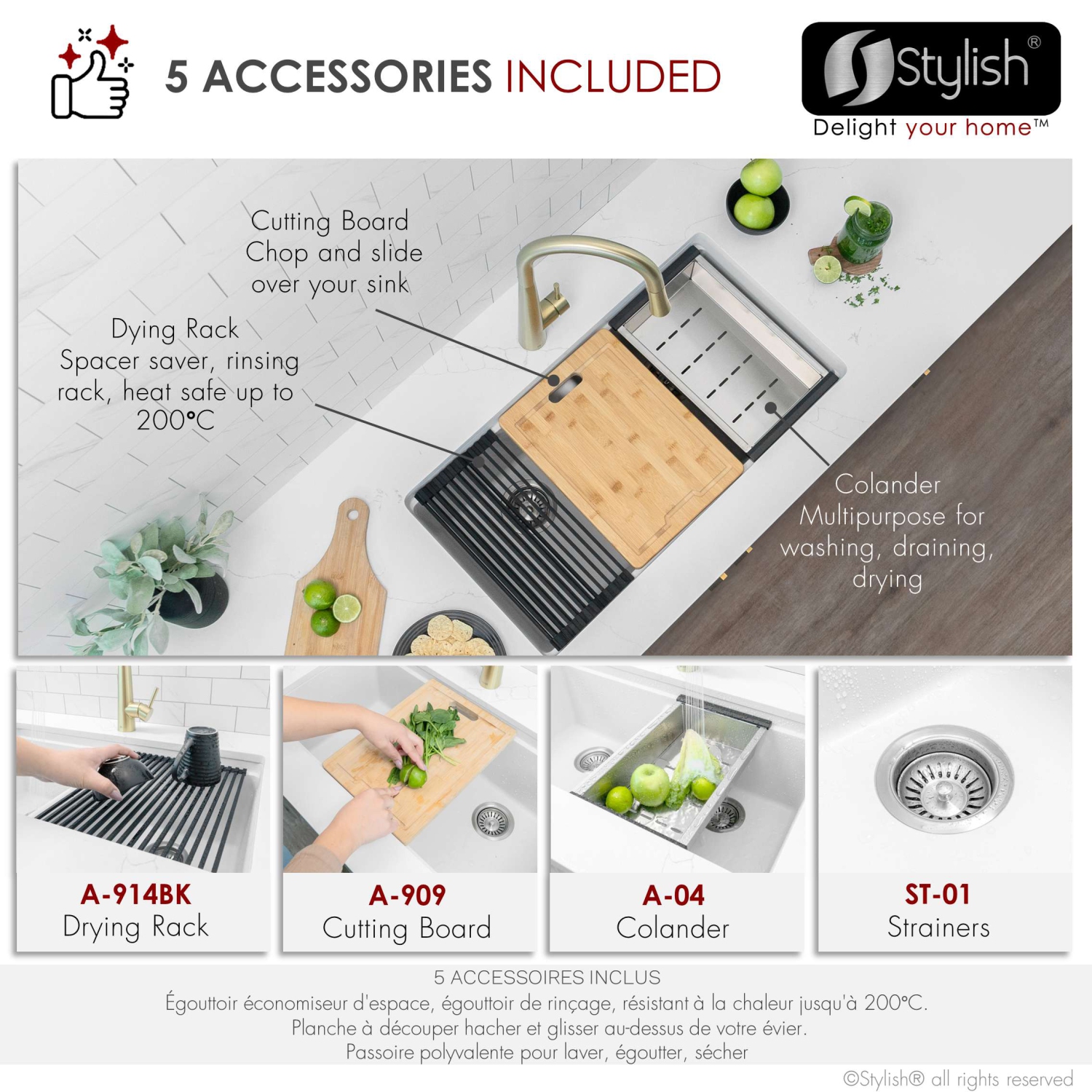 STYLISH Banff Dual Mount 33" Workstation Double-Bowl White Composite Granite Kitchen Sink with Built in Accessories S-833WH