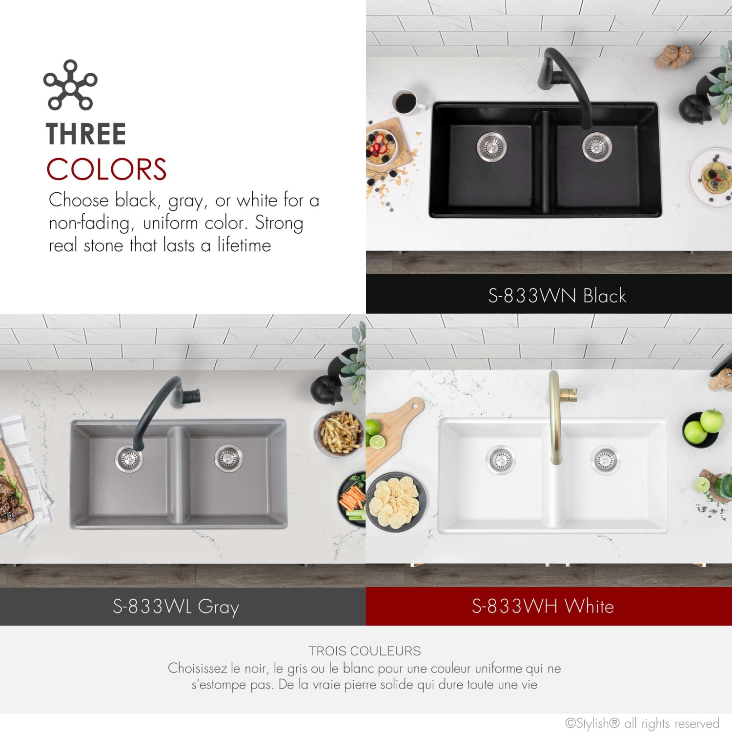 STYLISH Banff Dual Mount 33" Workstation Double-Bowl White Composite Granite Kitchen Sink with Built in Accessories S-833WH