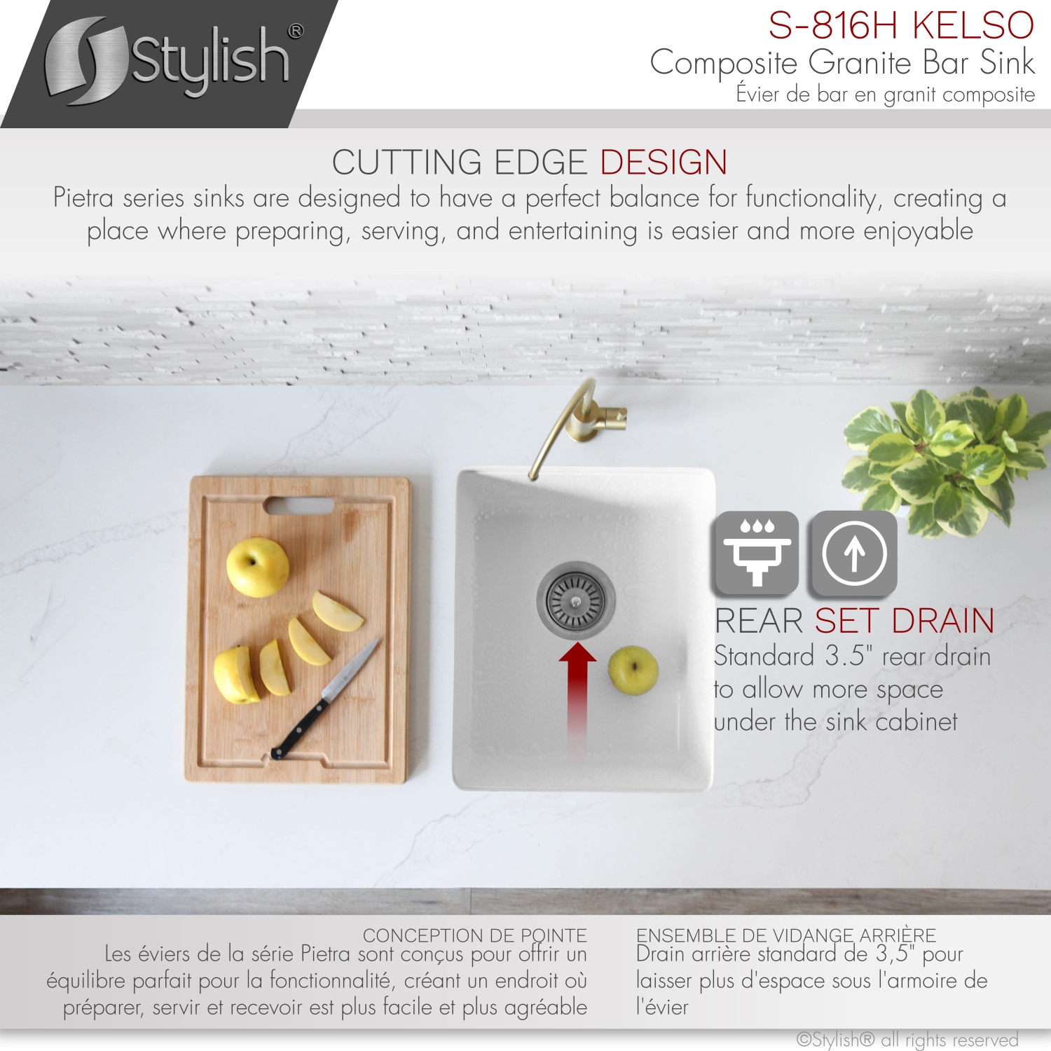 ÉLÉGANT évier de cuisine de 16 po en granite composite blanc à deux cuvettes avec passoire S-816H