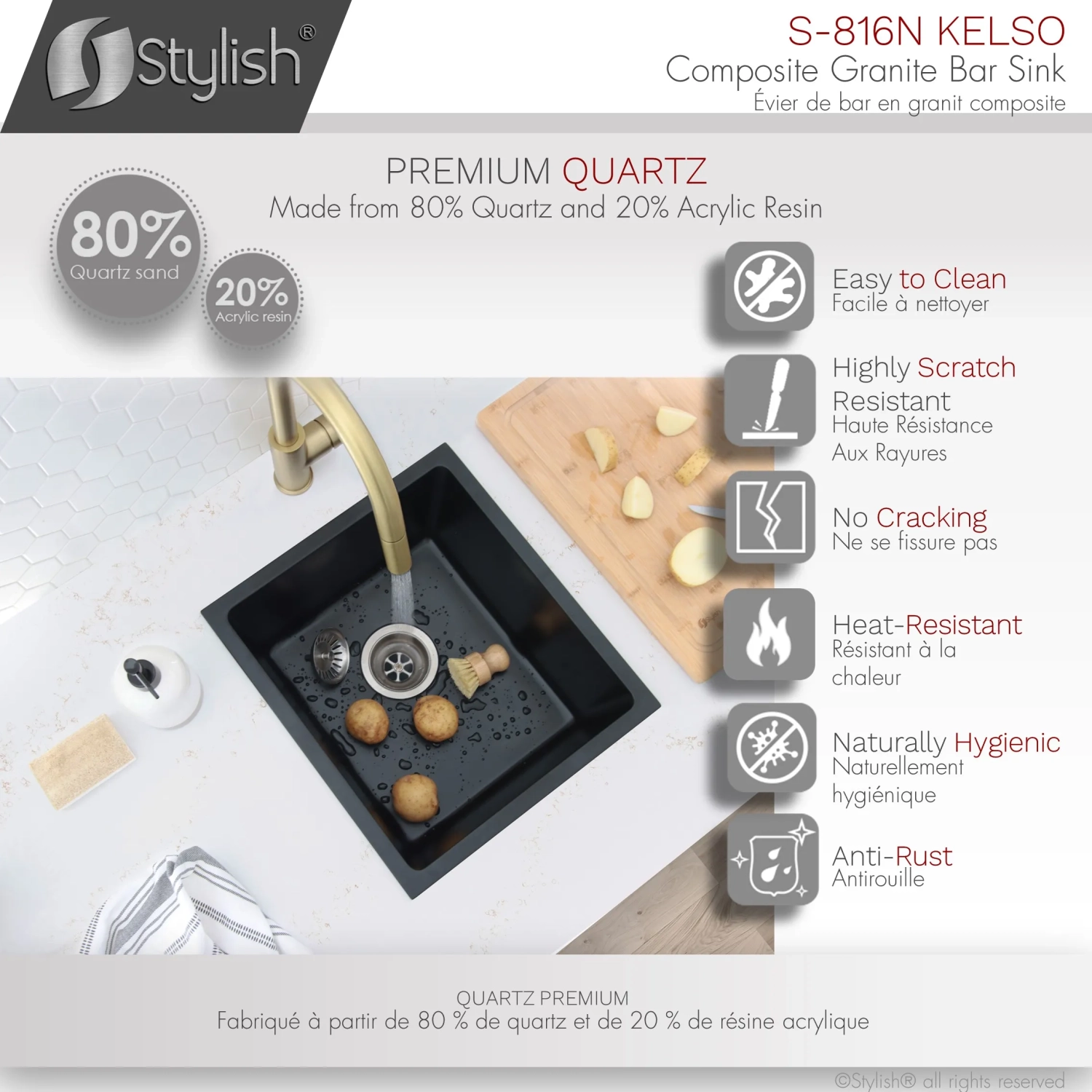 STYLISH 16 inch Dual Mount Single Bowl Black Composite Granite Kitchen Sink with Strainer S-816N