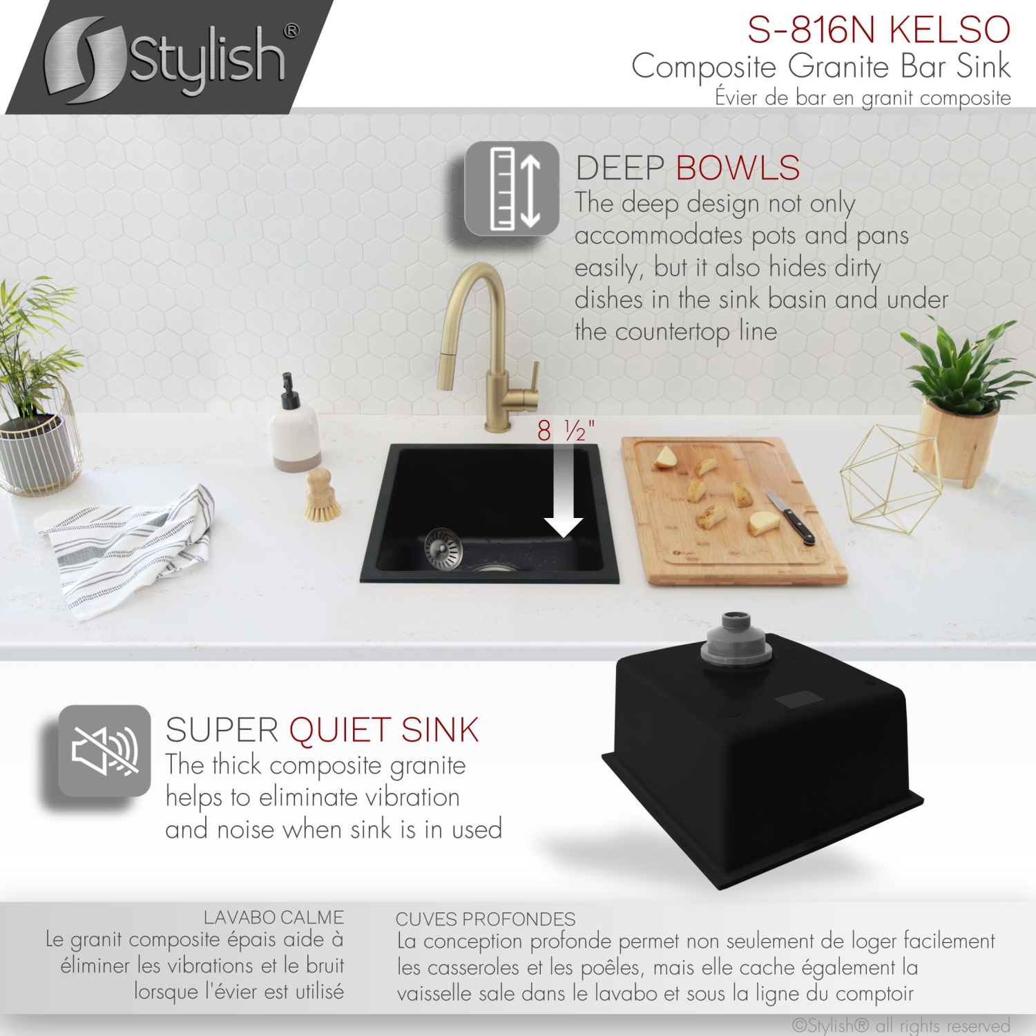 STYLISH 16 inch Dual Mount Single Bowl Black Composite Granite Kitchen Sink with Strainer S-816N