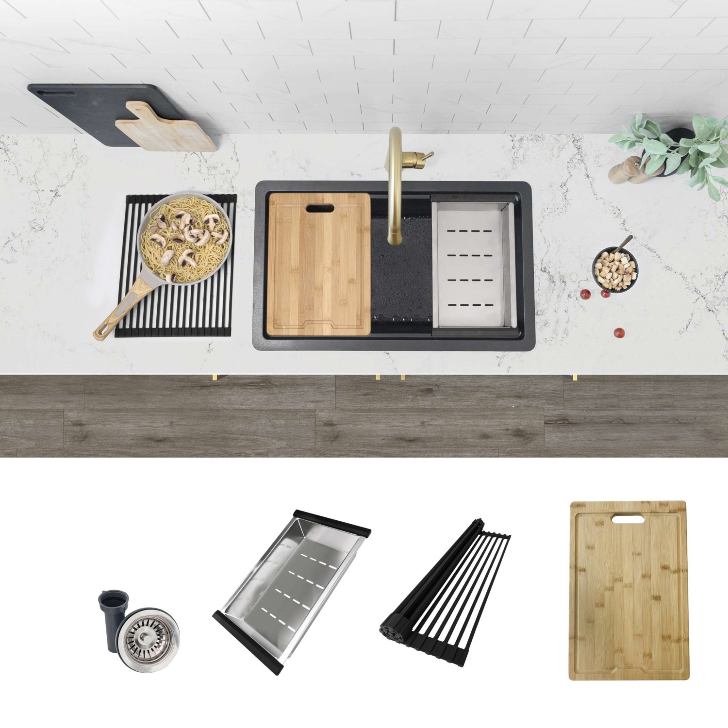 STYLISH Dual Mount 28" Workstation Single-Bowl Composite Granite Kitchen Sink with Built in Accessories in Black S-828WN