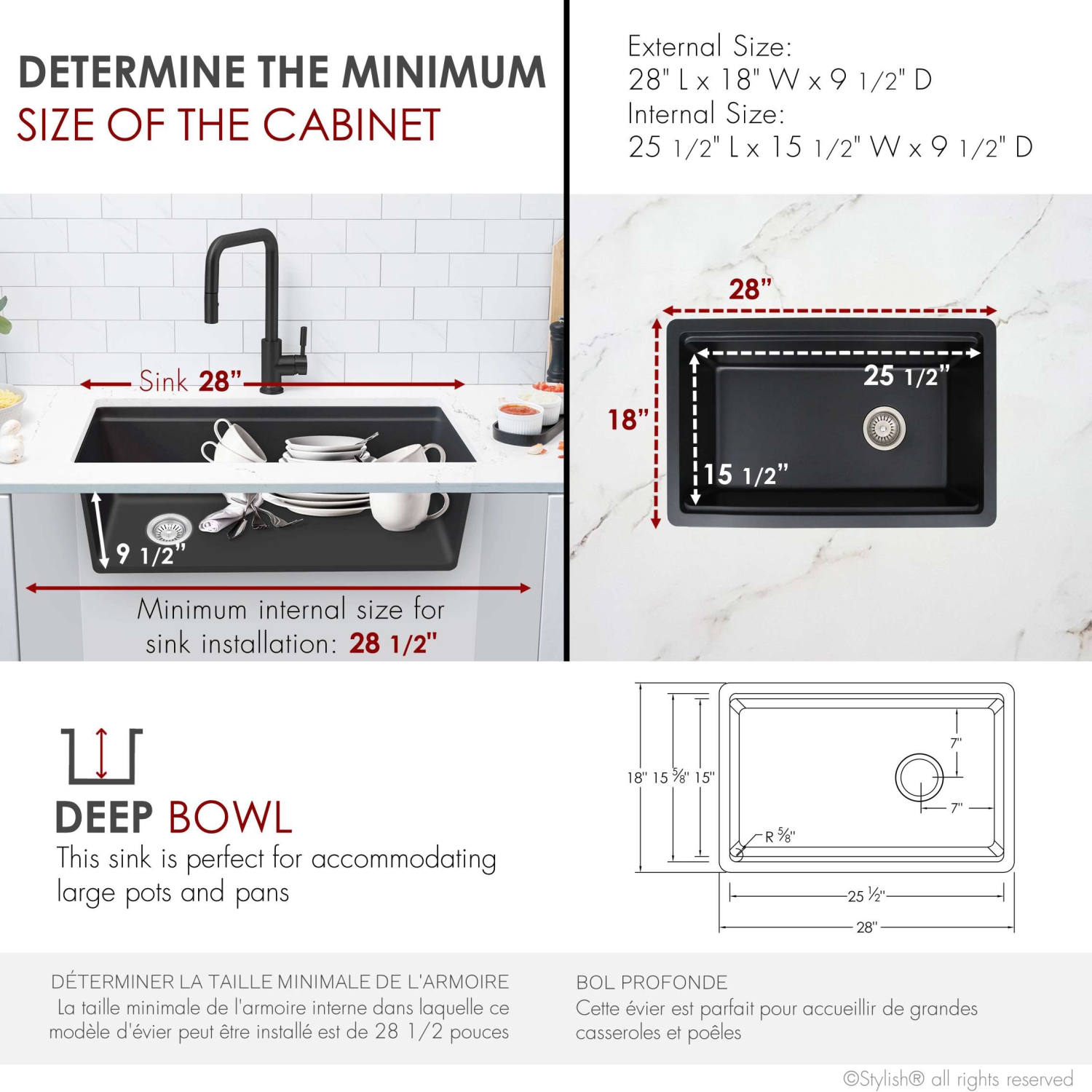 STYLISH Dual Mount 28" Workstation Single-Bowl Composite Granite Kitchen Sink with Built in Accessories in Black S-828WN