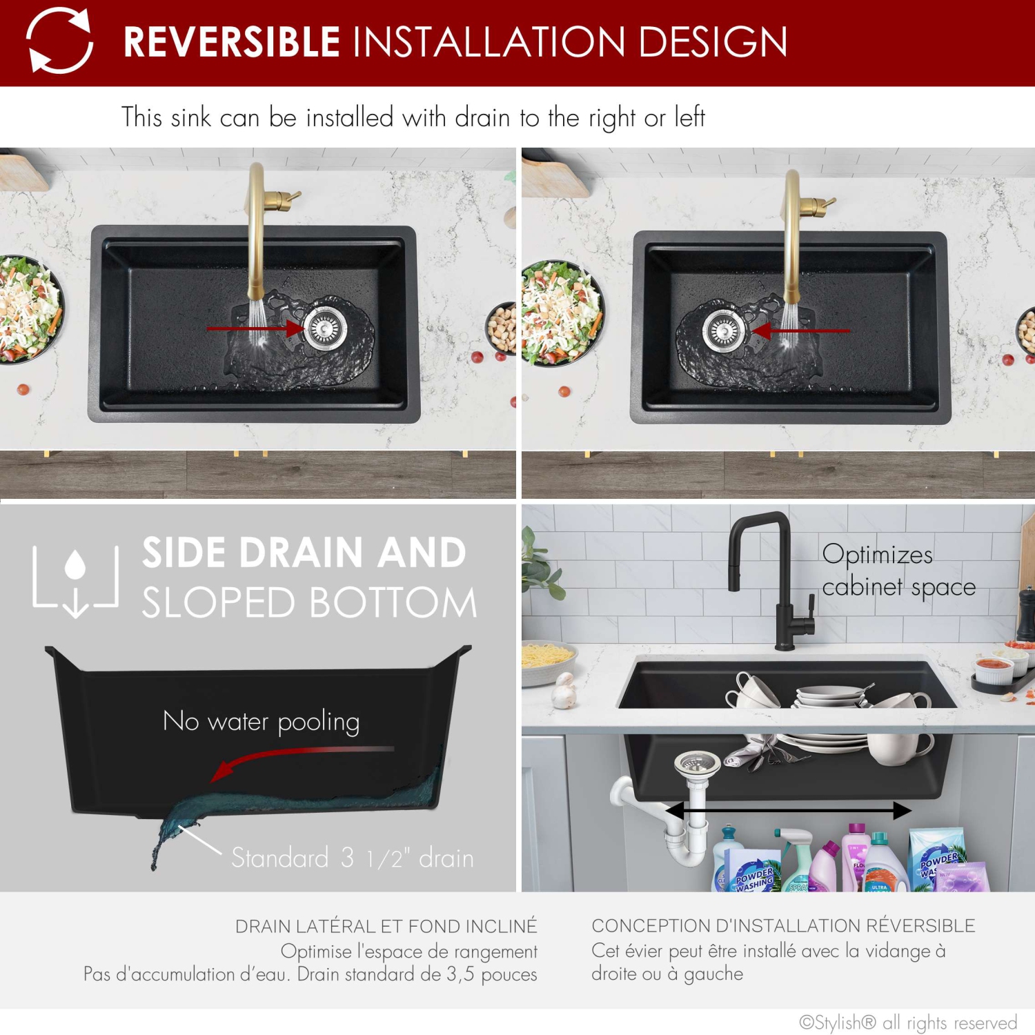 STYLISH Dual Mount 28" Workstation Single-Bowl Composite Granite Kitchen Sink with Built in Accessories in Black S-828WN