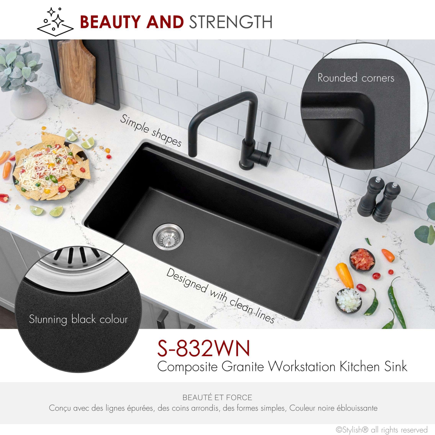 STYLISH Dualmount 32" Workstation Single-Bowl Black Composite Granite Kitchen Sink with Built in Accessories S-832WN