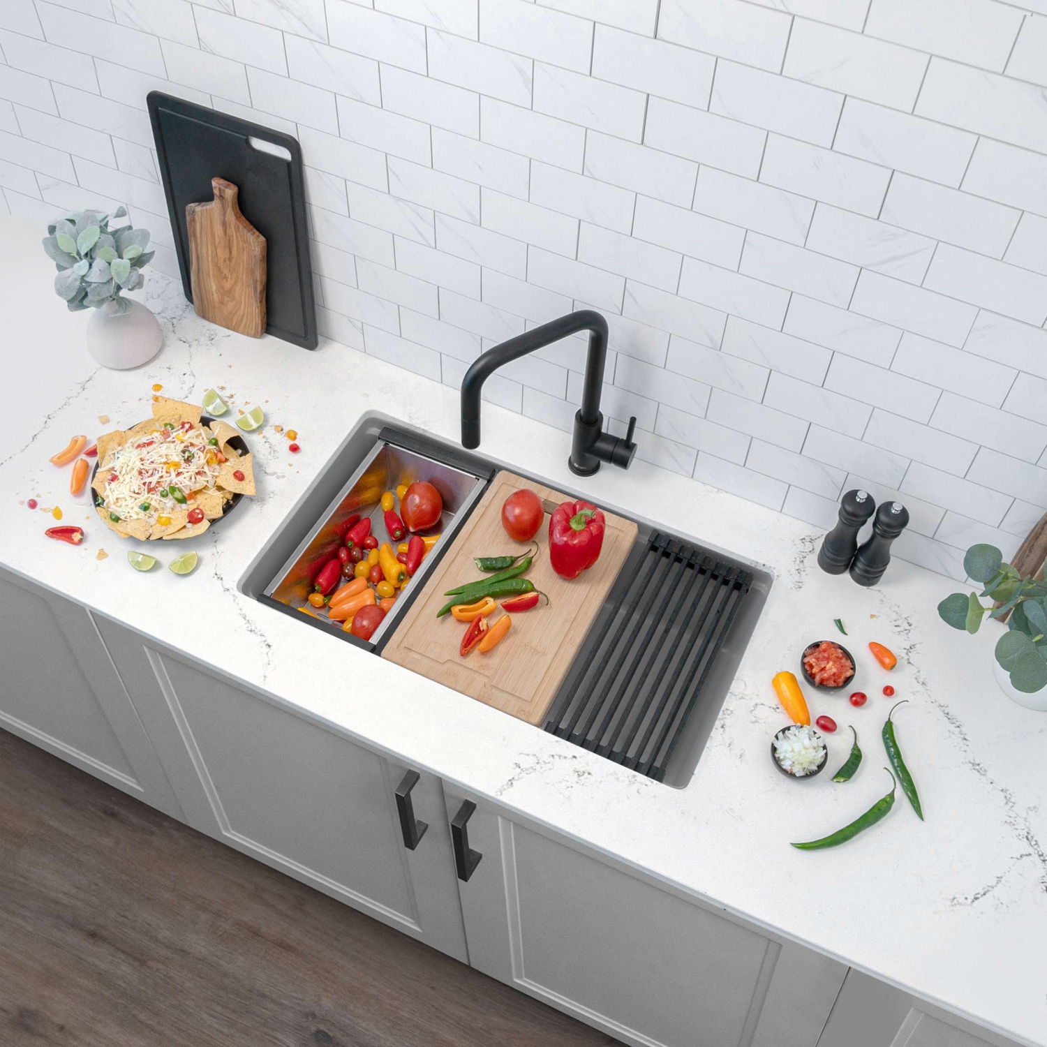 STYLISH Dual Mount 28" Workstation Single-Bowl Composite Granite Kitchen Sink with Built in Accessories in Gray S-828WL