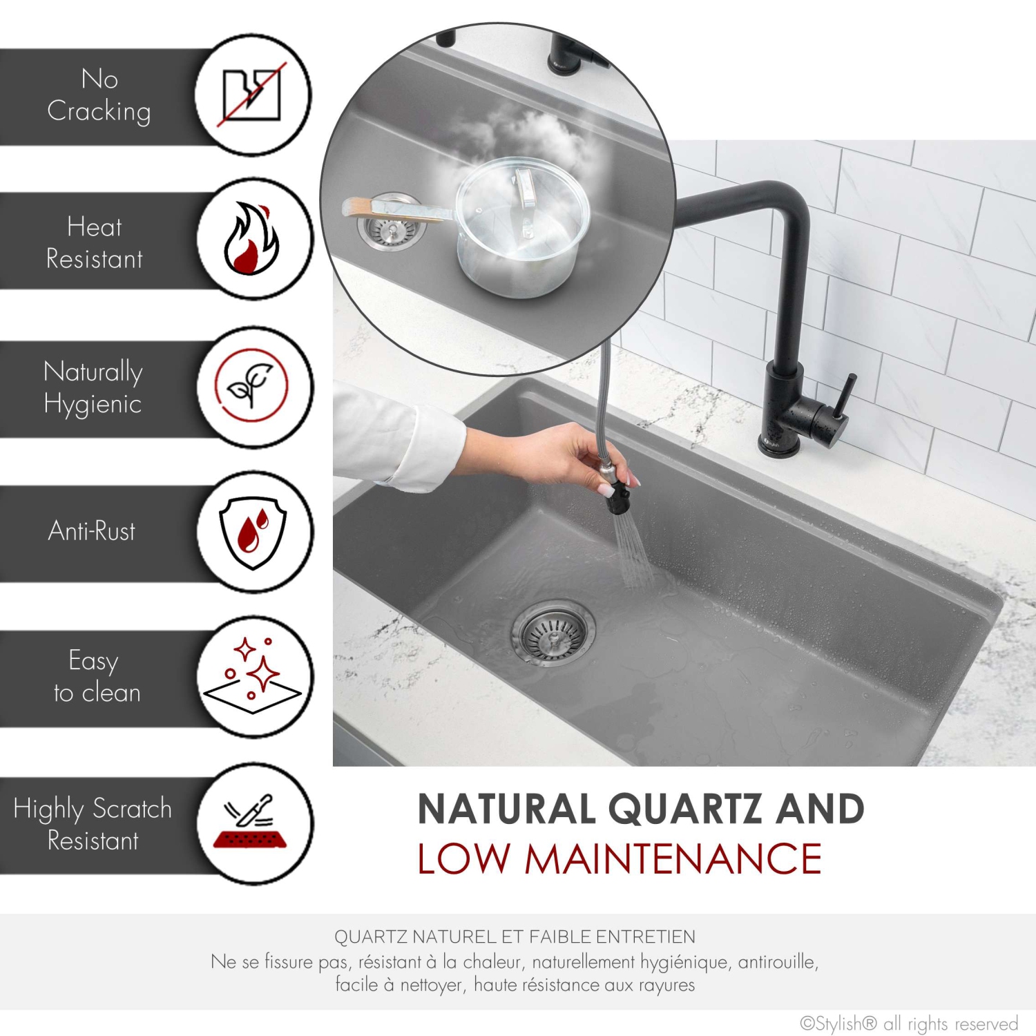 STYLISH Dual Mount 28" Workstation Single-Bowl Composite Granite Kitchen Sink with Built in Accessories in Gray S-828WL