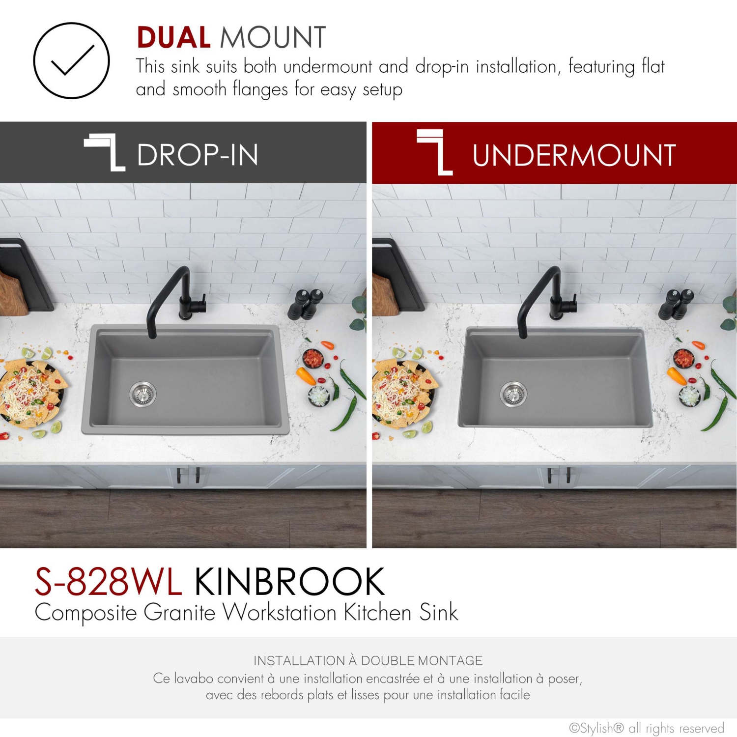 STYLISH Dual Mount 28" Workstation Single-Bowl Composite Granite Kitchen Sink with Built in Accessories in Gray S-828WL