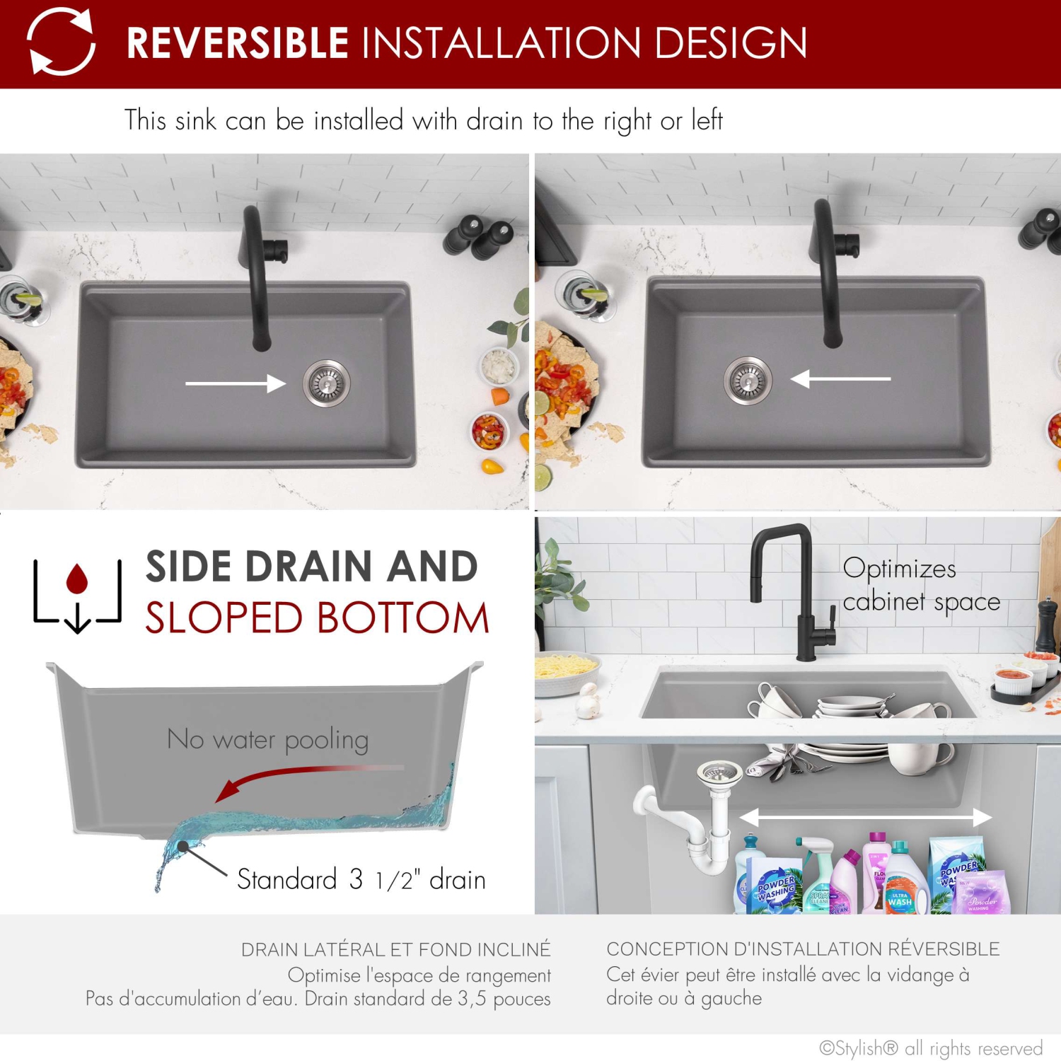 STYLISH Dual Mount 28" Workstation Single-Bowl Composite Granite Kitchen Sink with Built in Accessories in Gray S-828WL
