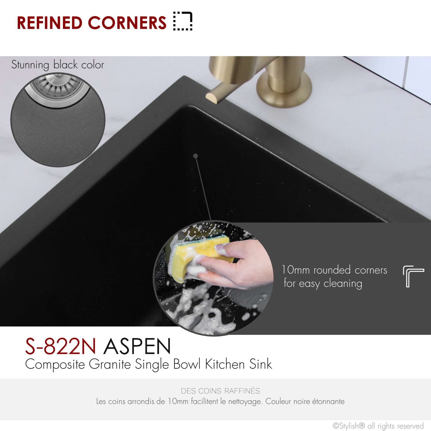 ÉLÉGANT évier de cuisine en granite composite noir de 22 po à double support avec passoire S-822N