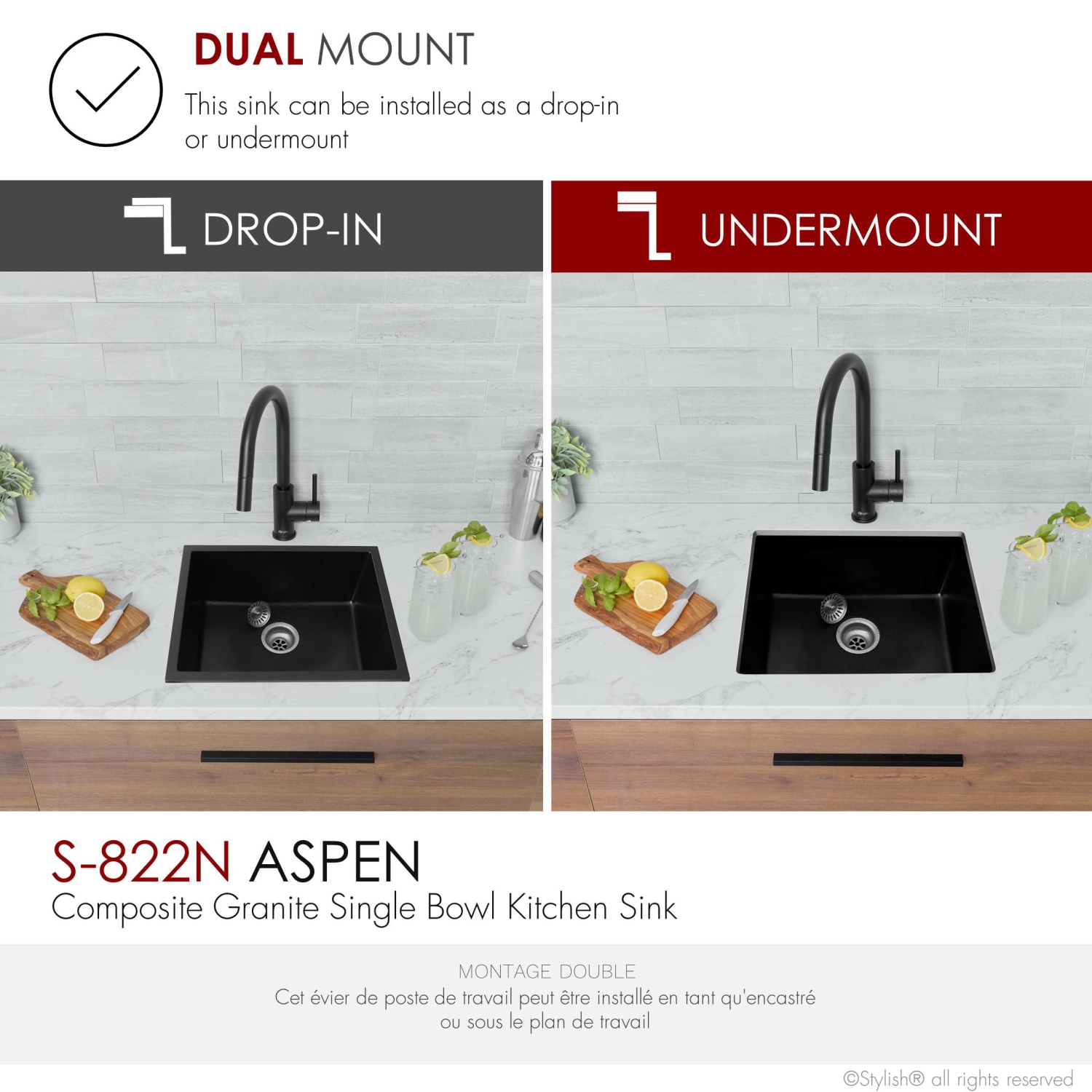 ÉLÉGANT évier de cuisine en granite composite noir de 22 po à double support avec passoire S-822N