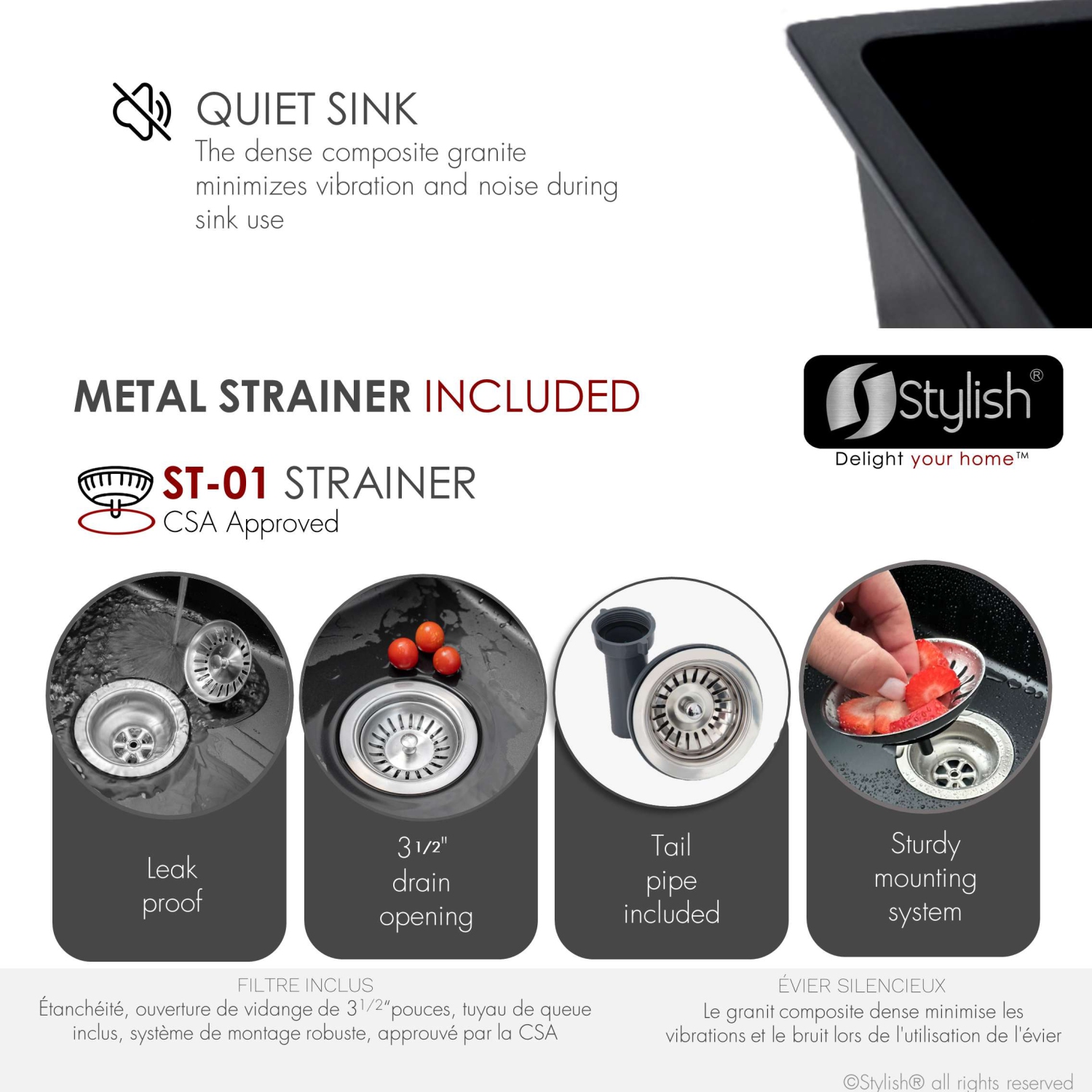 ÉLÉGANT évier de cuisine en granite composite noir de 22 po à double support avec passoire S-822N