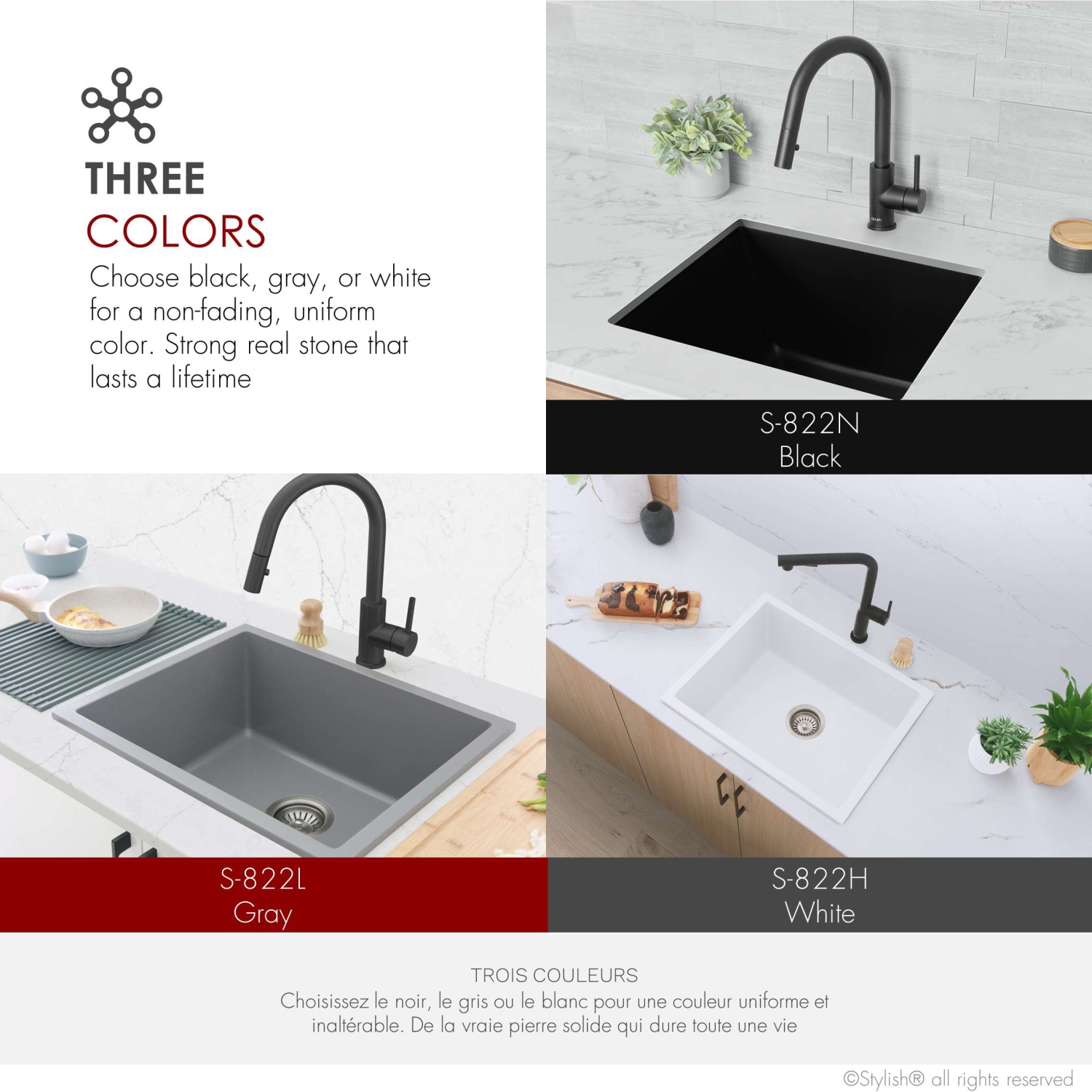 ÉLÉGANT évier de cuisine en granite composite noir de 22 po à double support avec passoire S-822N