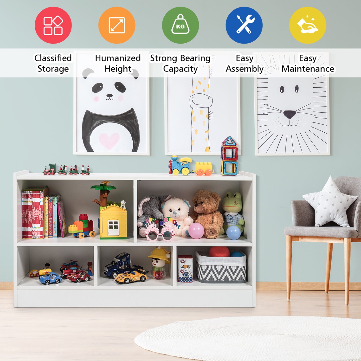 Costway Kids 2-Shelf Bookcase 5-Cube Wood Toy Storage Cabinet Organizer