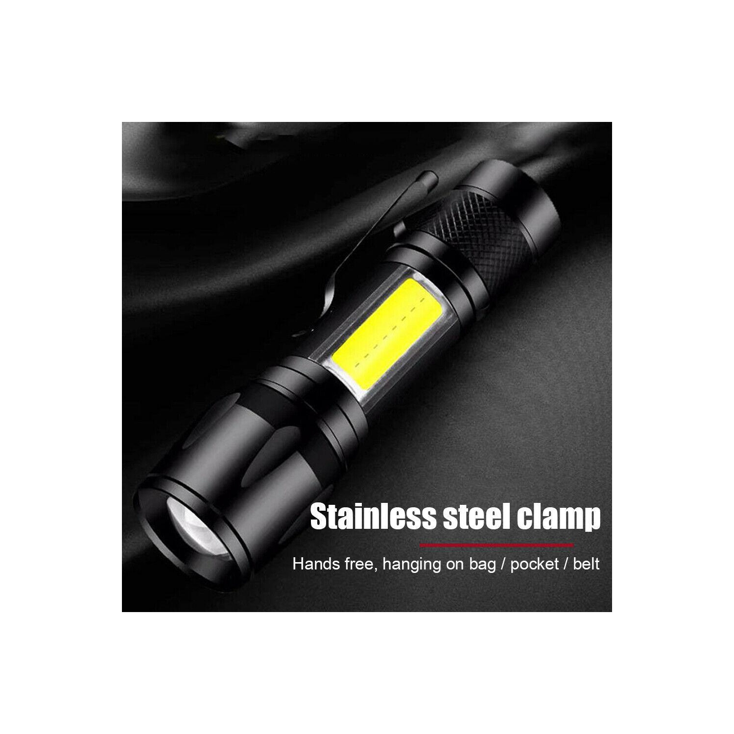 XPE+COB LED Flashlight USB Rechargeable IPX4 3 Modes Emergency Torch Light