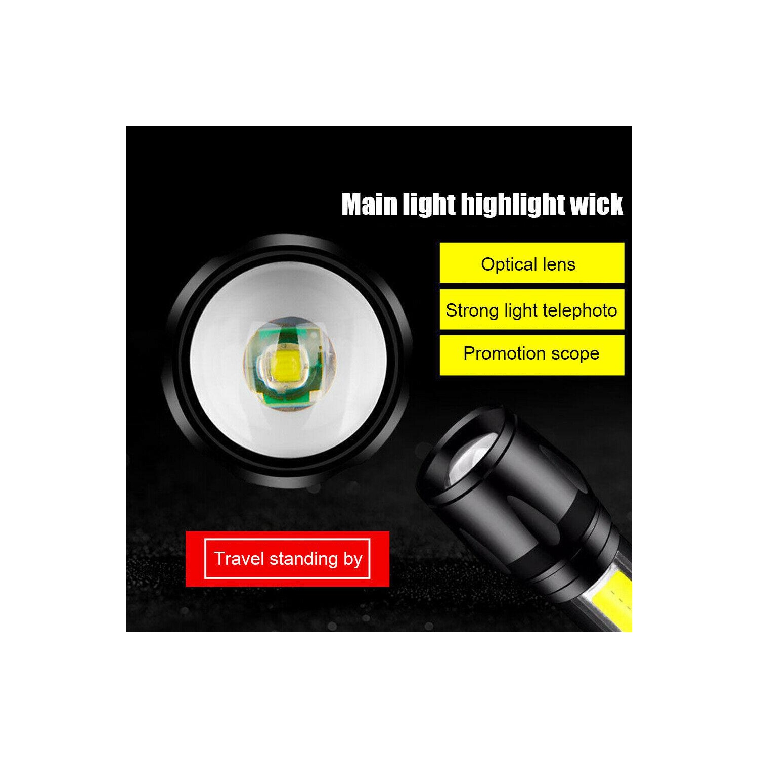 XPE+COB LED Flashlight USB Rechargeable IPX4 3 Modes Emergency Torch Light